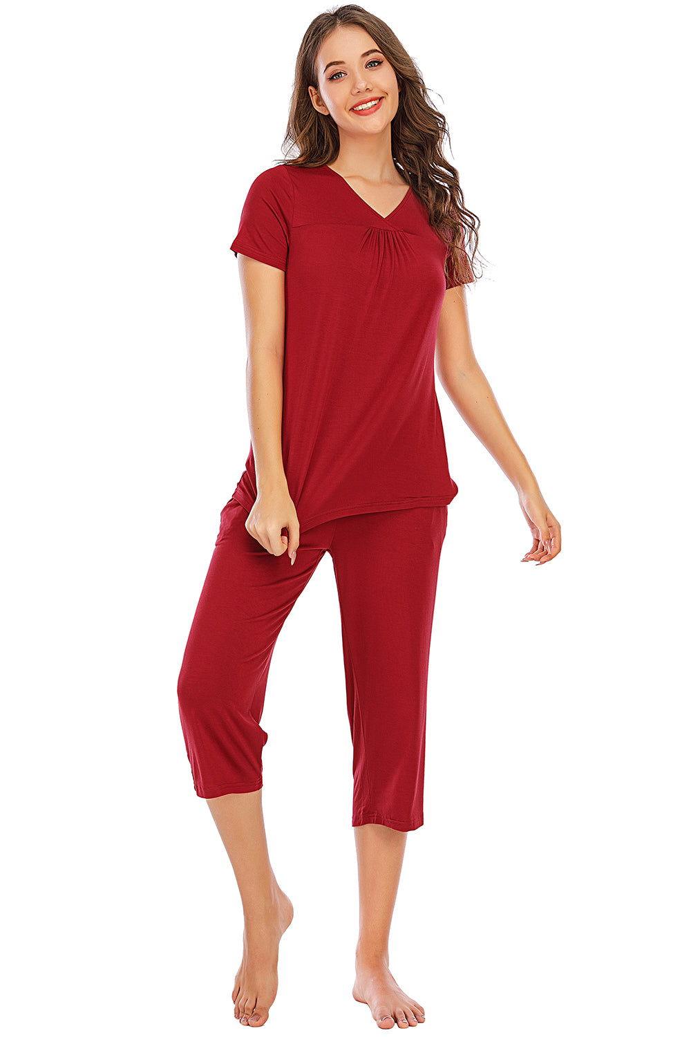 V-Neck Short Sleeve Top and Pants Lounge Set - Clothes For Her Online Store