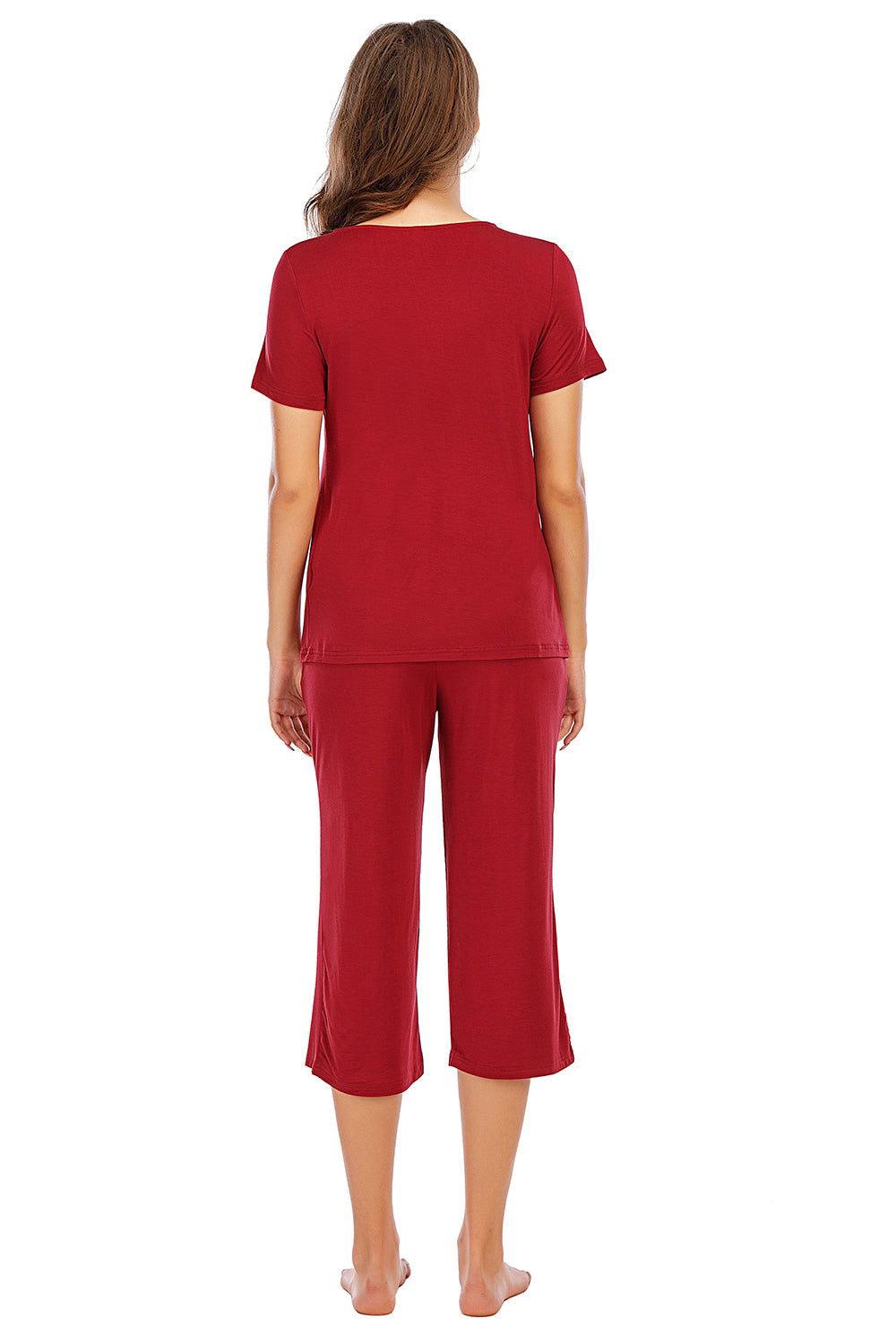 V-Neck Short Sleeve Top and Pants Lounge Set - Clothes For Her Online Store