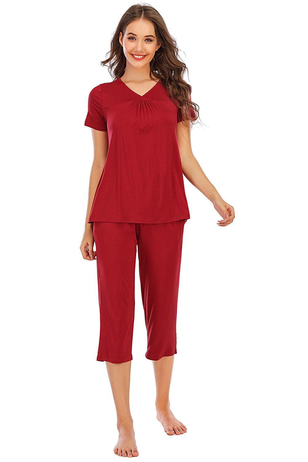 V-Neck Short Sleeve Top and Pants Lounge Set - Clothes For Her Online Store