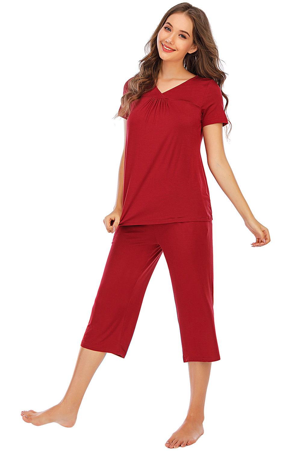 V-Neck Short Sleeve Top and Pants Lounge Set - Clothes For Her Online Store