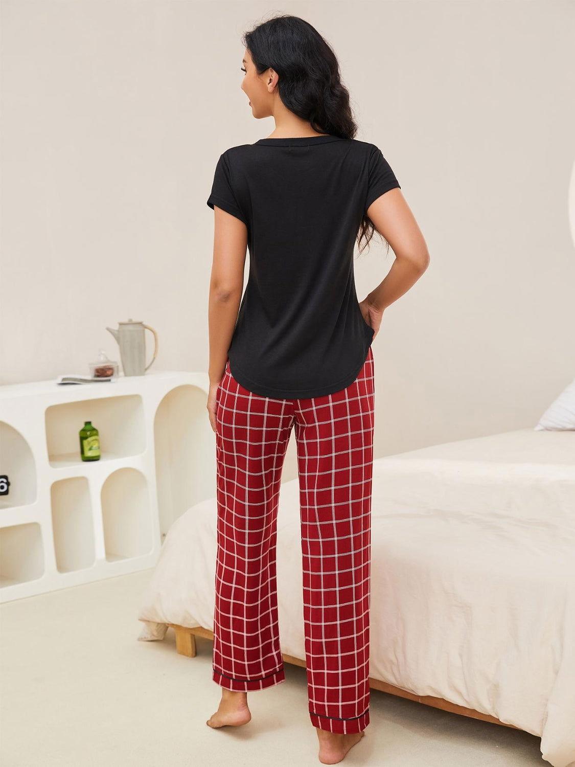 V-Neck Short Sleeve Top and Pants Lounge Set - Clothes For Her Online Store