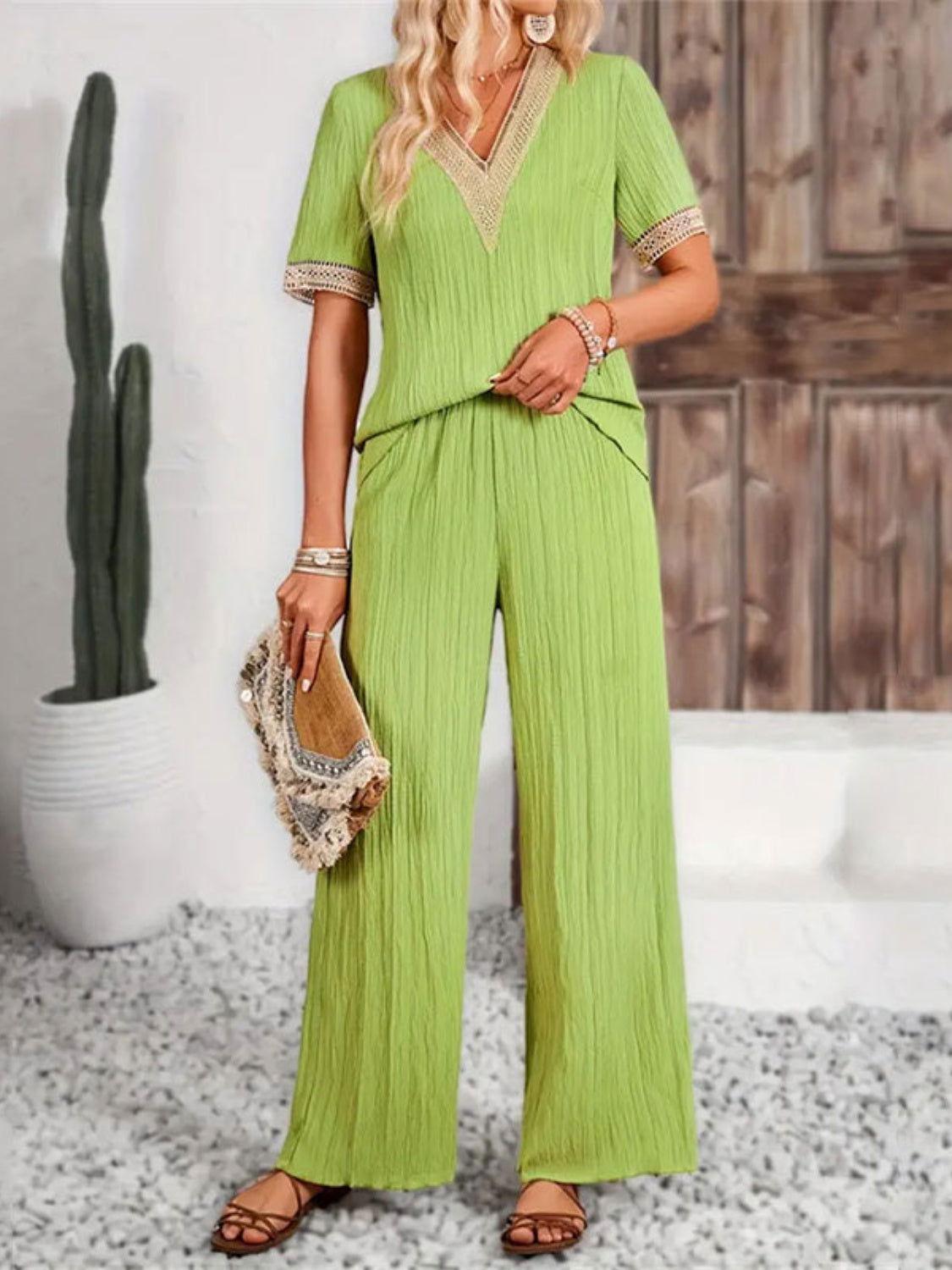 V-Neck Short Sleeve Top and Pants Set - Clothes For Her Online Store