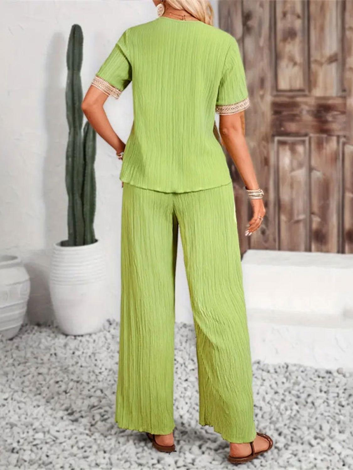 V-Neck Short Sleeve Top and Pants Set - Clothes For Her Online Store