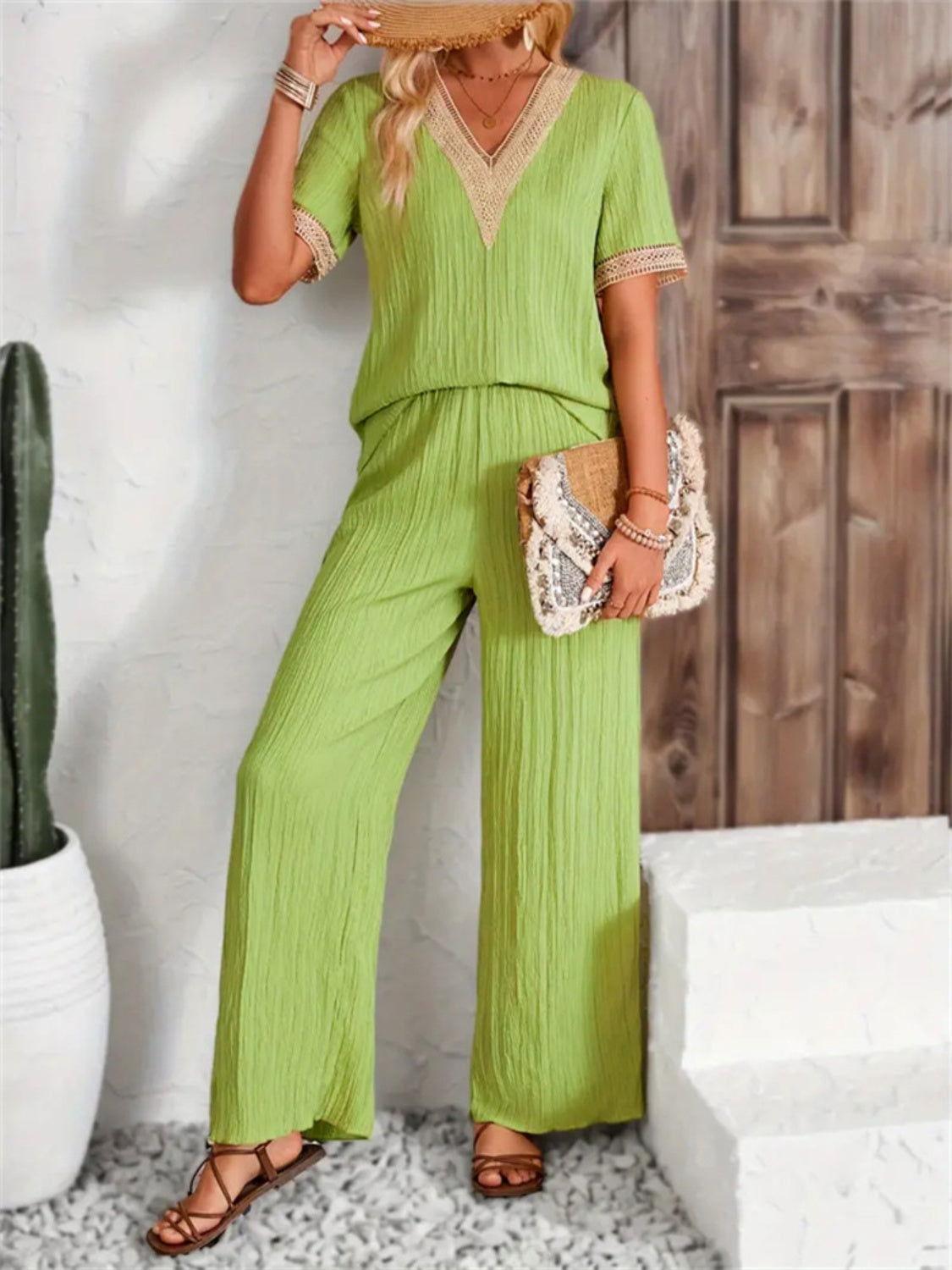 V-Neck Short Sleeve Top and Pants Set - Clothes For Her Online Store