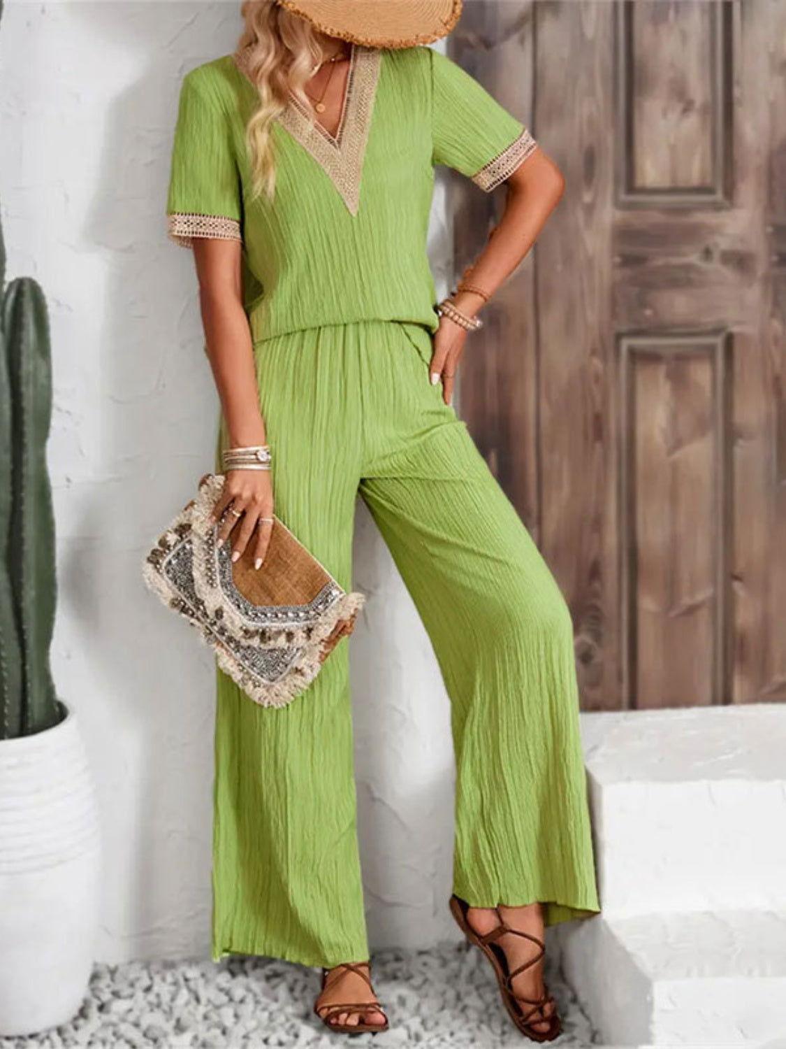 V-Neck Short Sleeve Top and Pants Set - Clothes For Her Online Store