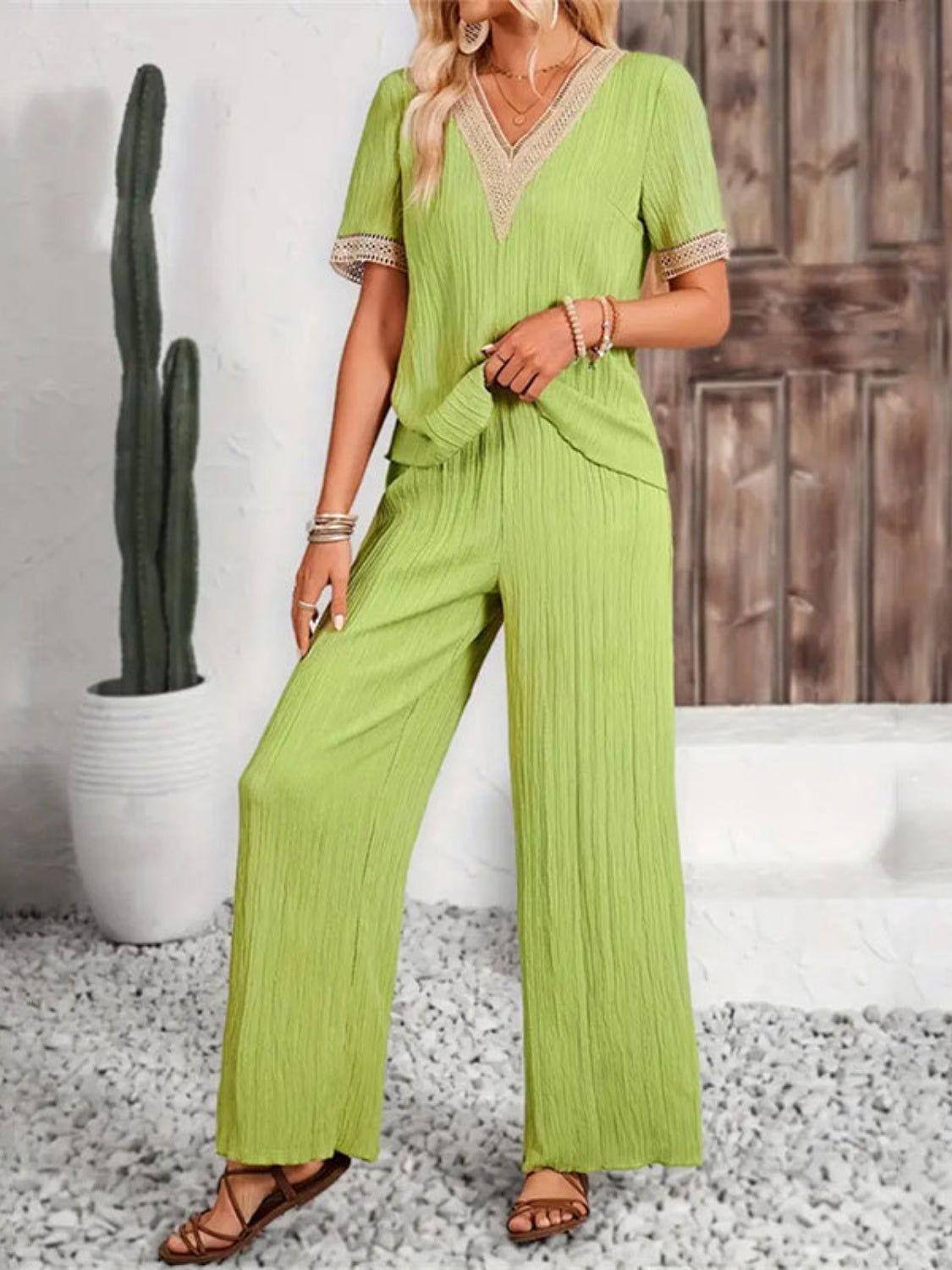 V-Neck Short Sleeve Top and Pants Set - Clothes For Her Online Store