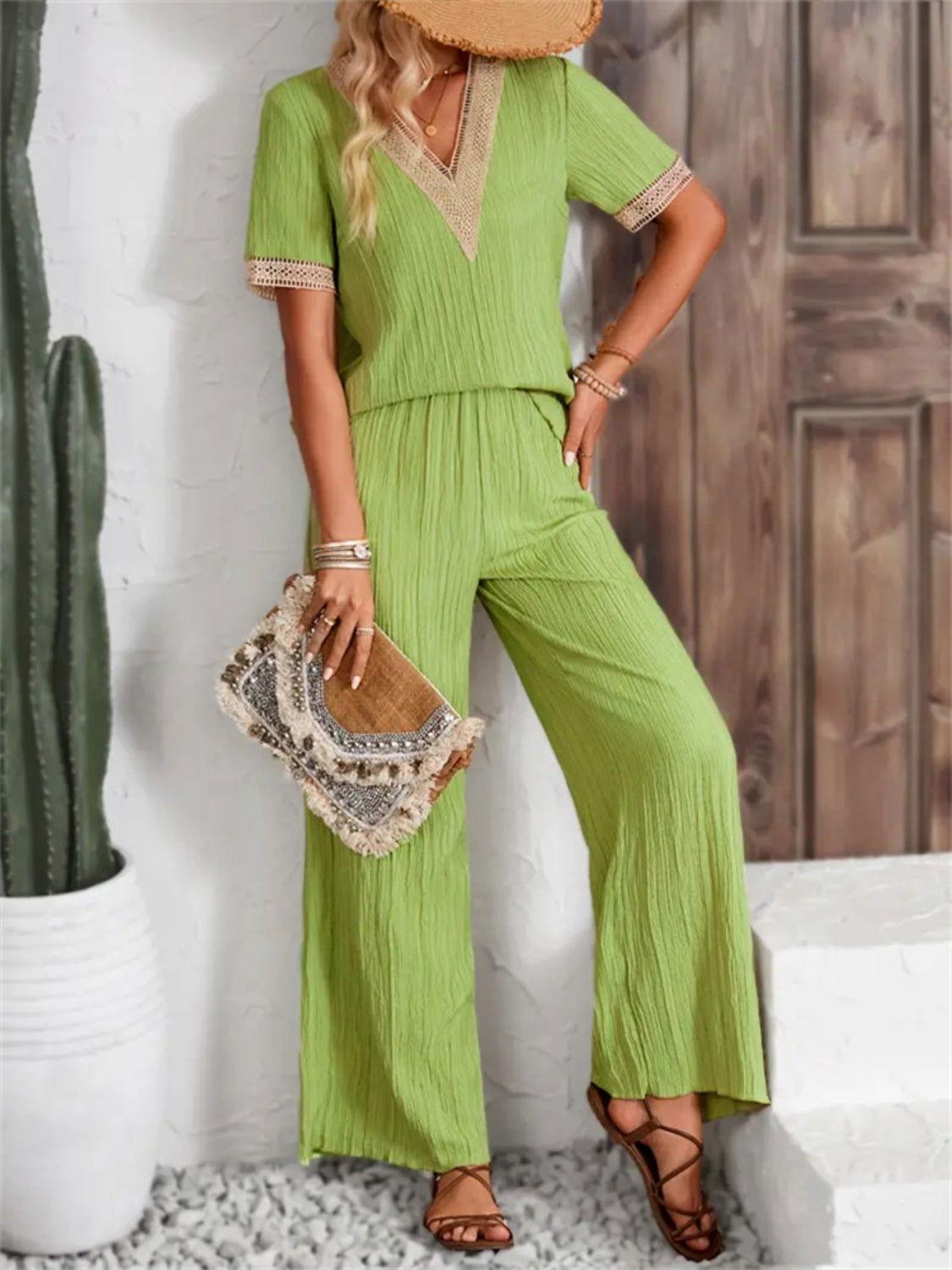 V-Neck Short Sleeve Top and Pants Set - Clothes For Her Online Store