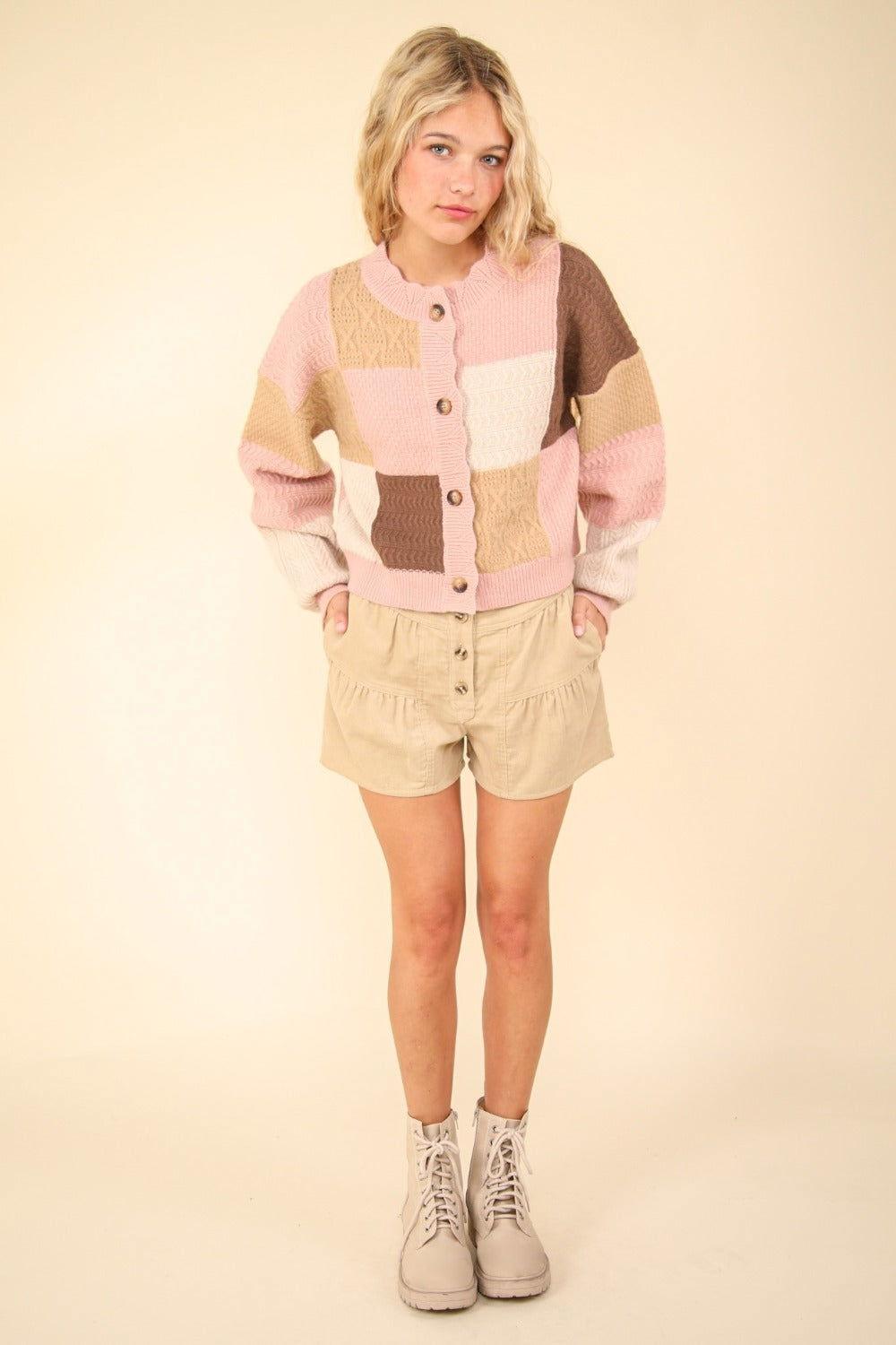 VERY J Color Block Button Down Textured Sweater Cardigan - Clothes For Her Online Store