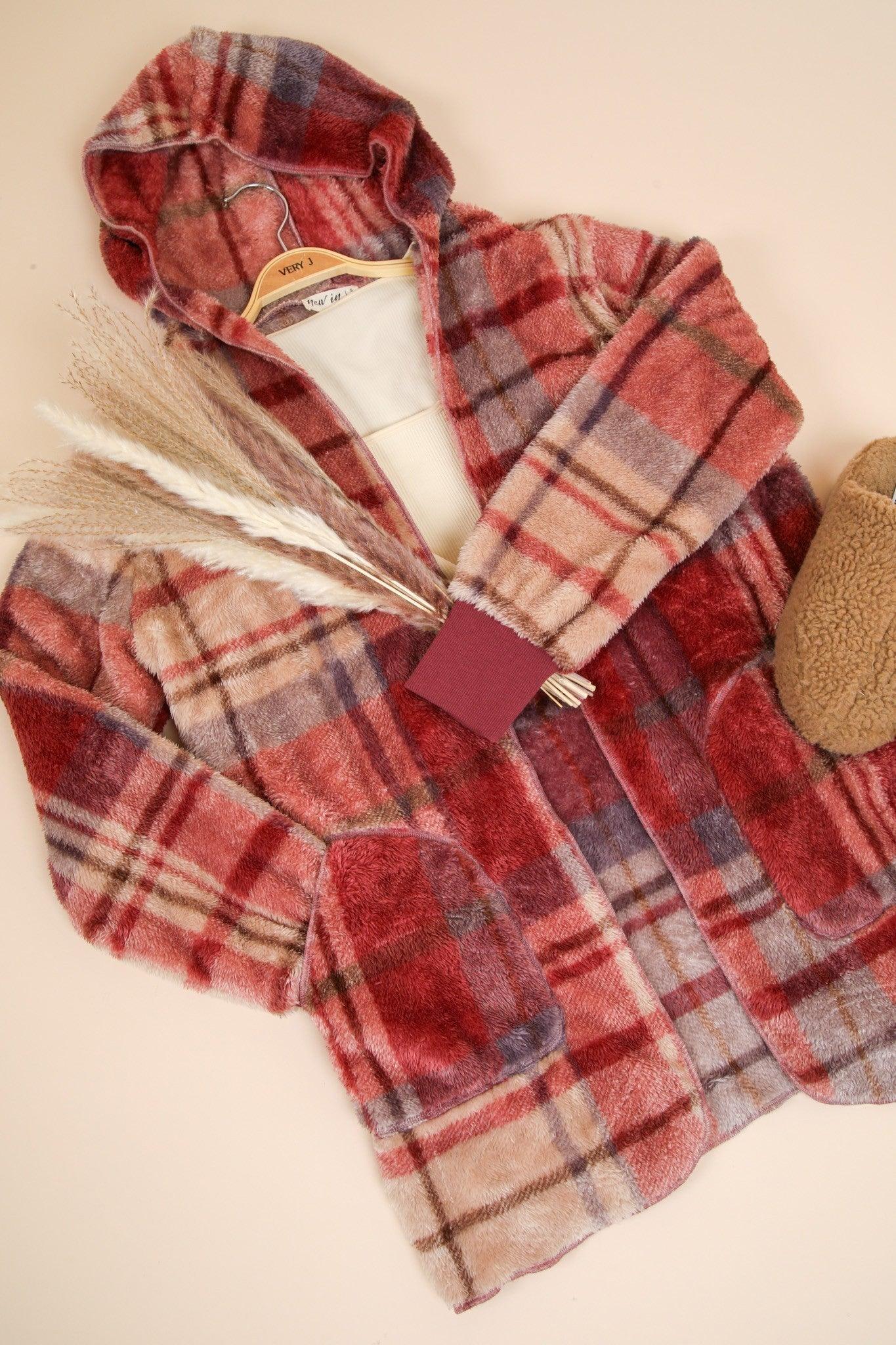 VERY J Fuzzy Plaid Long Sleeve Hooded Jacket - Clothes For Her Online Store