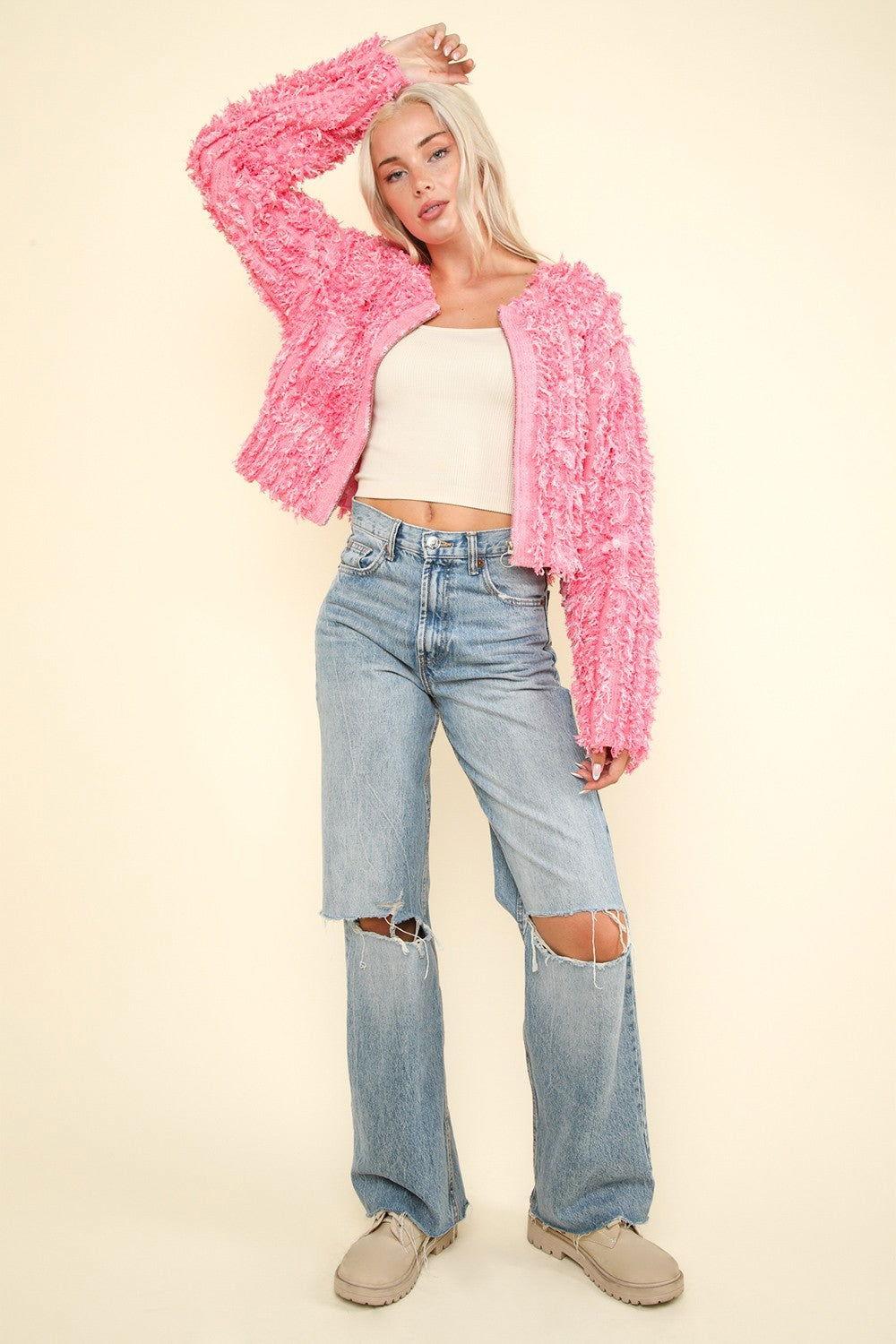 VERY J Shaggy Yarn Knit Zip Up Jacket - Clothes For Her Online Store