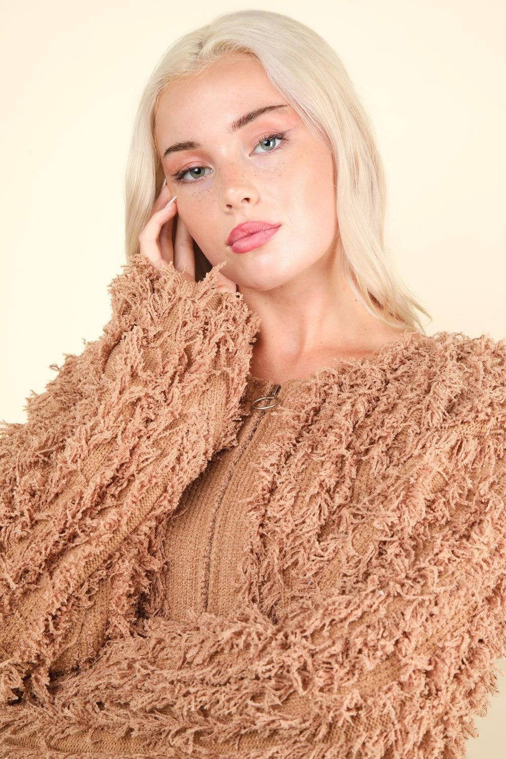 VERY J Shaggy Yarn Knit Zip Up Jacket - Clothes For Her Online Store