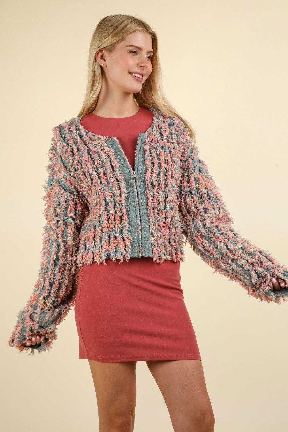 VERY J Shaggy Yarn Knit Zip Up Jacket - Clothes For Her Online Store