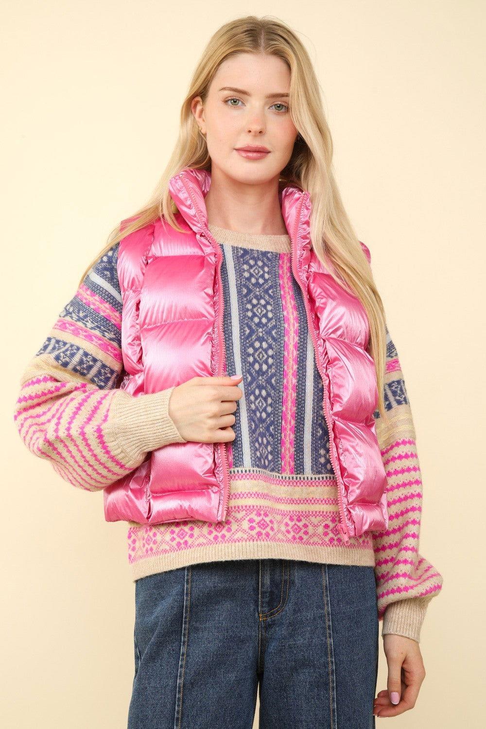 VERY J Shiny Metallic Zip Up Puffer Vest - Clothes For Her Online Store