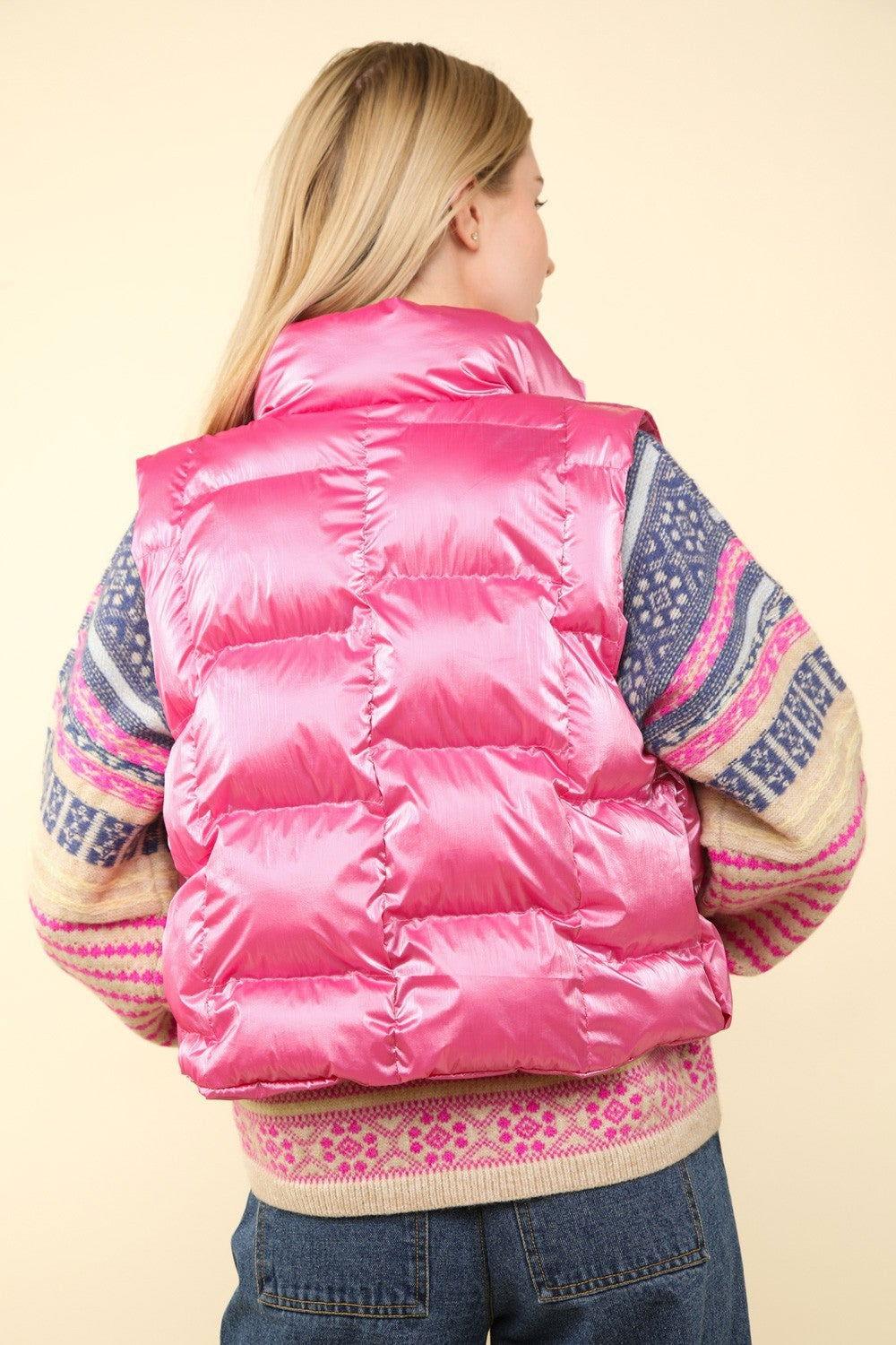 VERY J Shiny Metallic Zip Up Puffer Vest - Clothes For Her Online Store