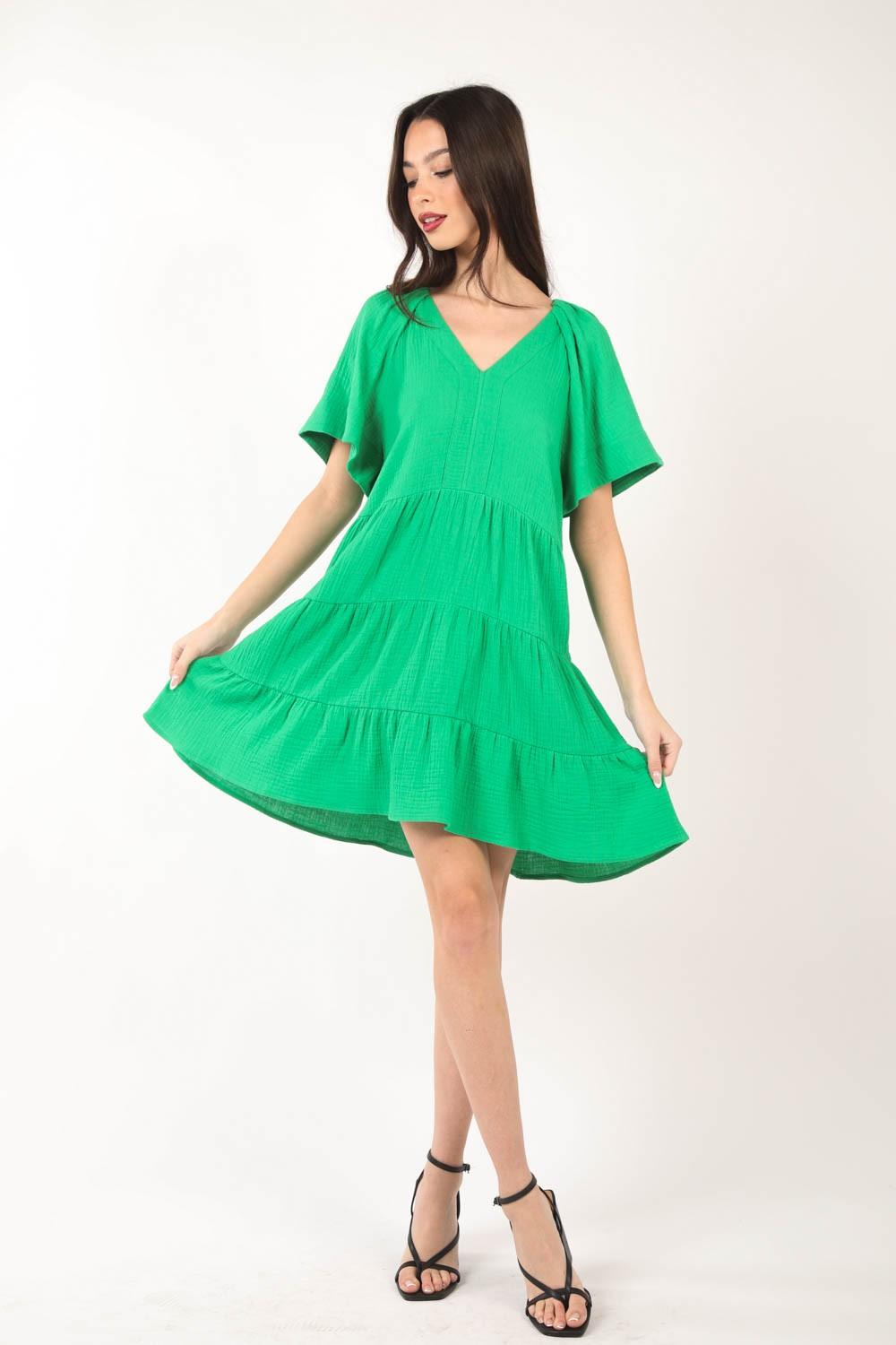 VERY J Texture V-Neck Ruffled Tiered Dress - Clothes For Her Online Store