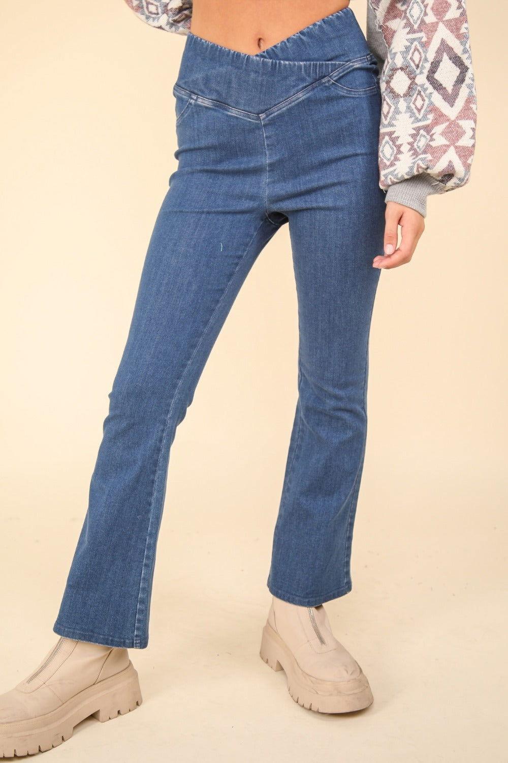 VERY J Washed Denim Stretchy Crossover Waist Leggings - Clothes For Her Online Store