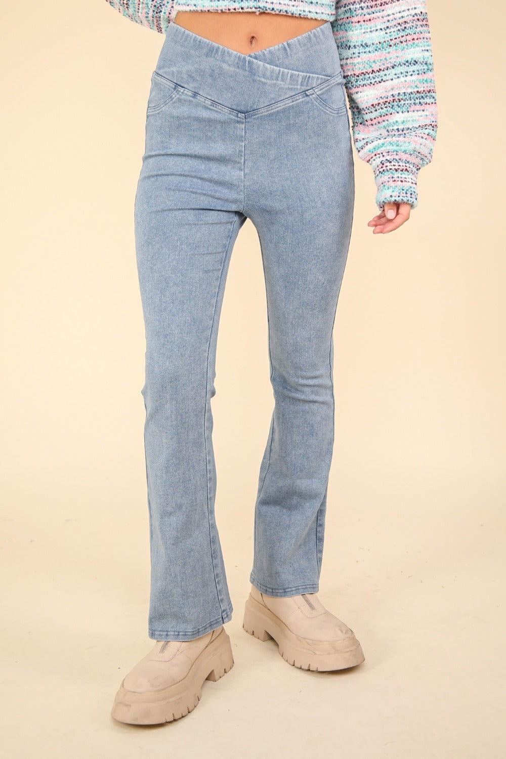 VERY J Washed Denim Stretchy Crossover Waist Leggings - Clothes For Her Online Store
