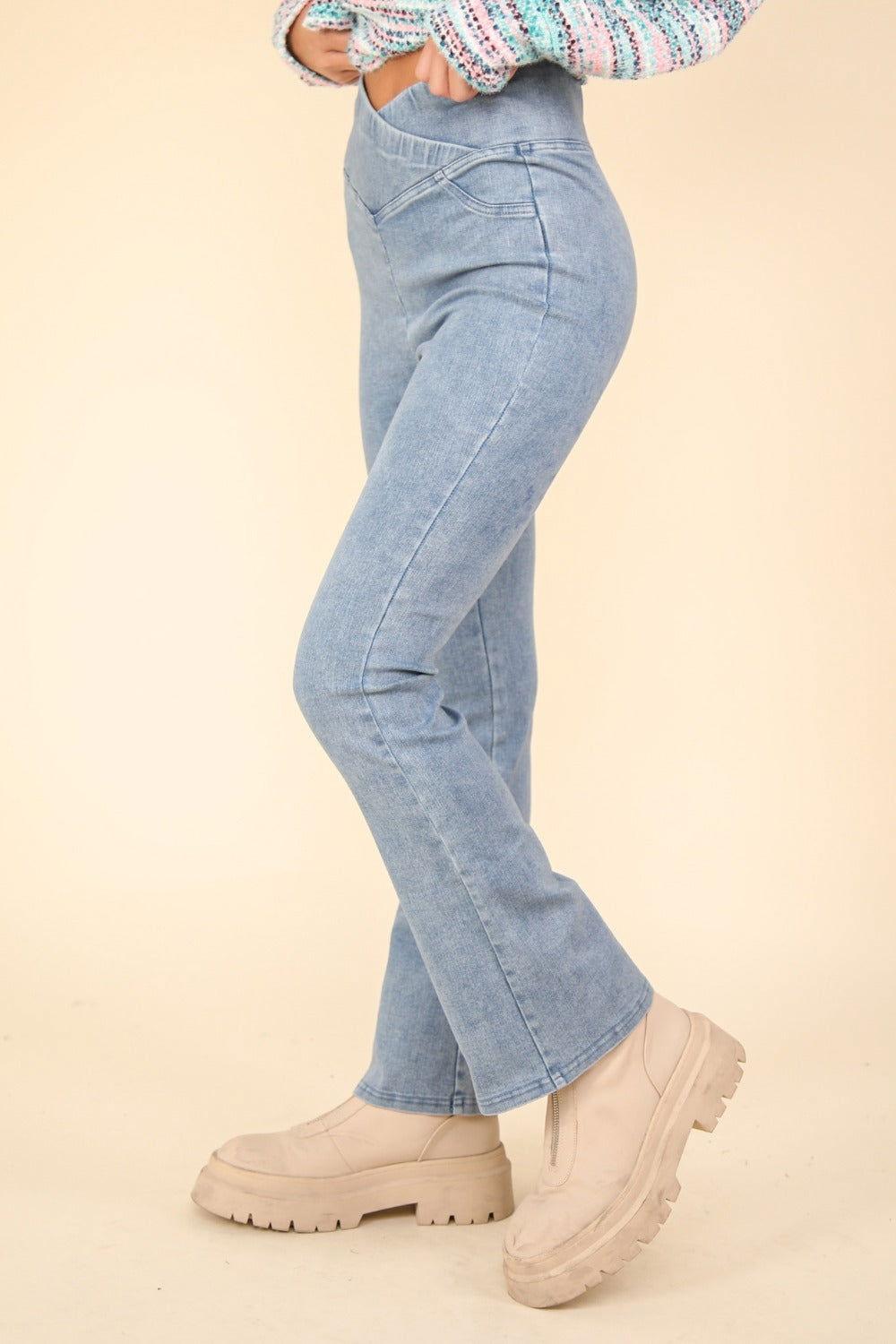 VERY J Washed Denim Stretchy Crossover Waist Leggings - Clothes For Her Online Store