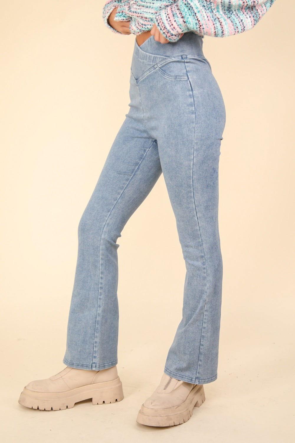 VERY J Washed Denim Stretchy Crossover Waist Leggings - Clothes For Her Online Store