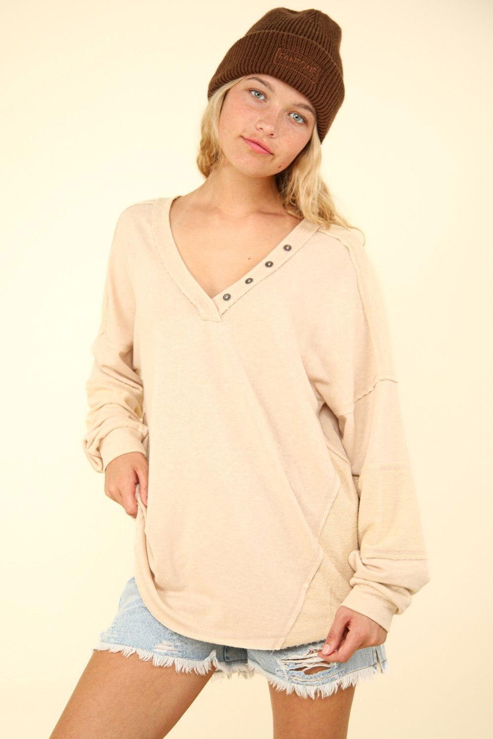 VERY J Washed V-Neck Exposed Seam Knit Top - Clothes For Her Online Store
