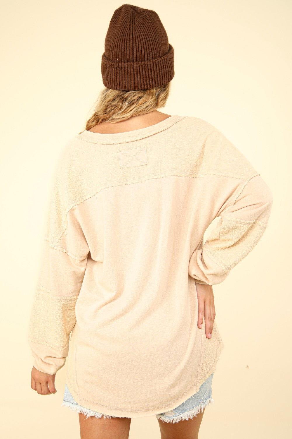 VERY J Washed V-Neck Exposed Seam Knit Top - Clothes For Her Online Store