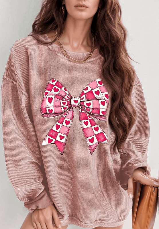 Valentine’s Day Bow Drop Shoulder Long Sleeve Sweatshirt - Clothes For Her Online Store