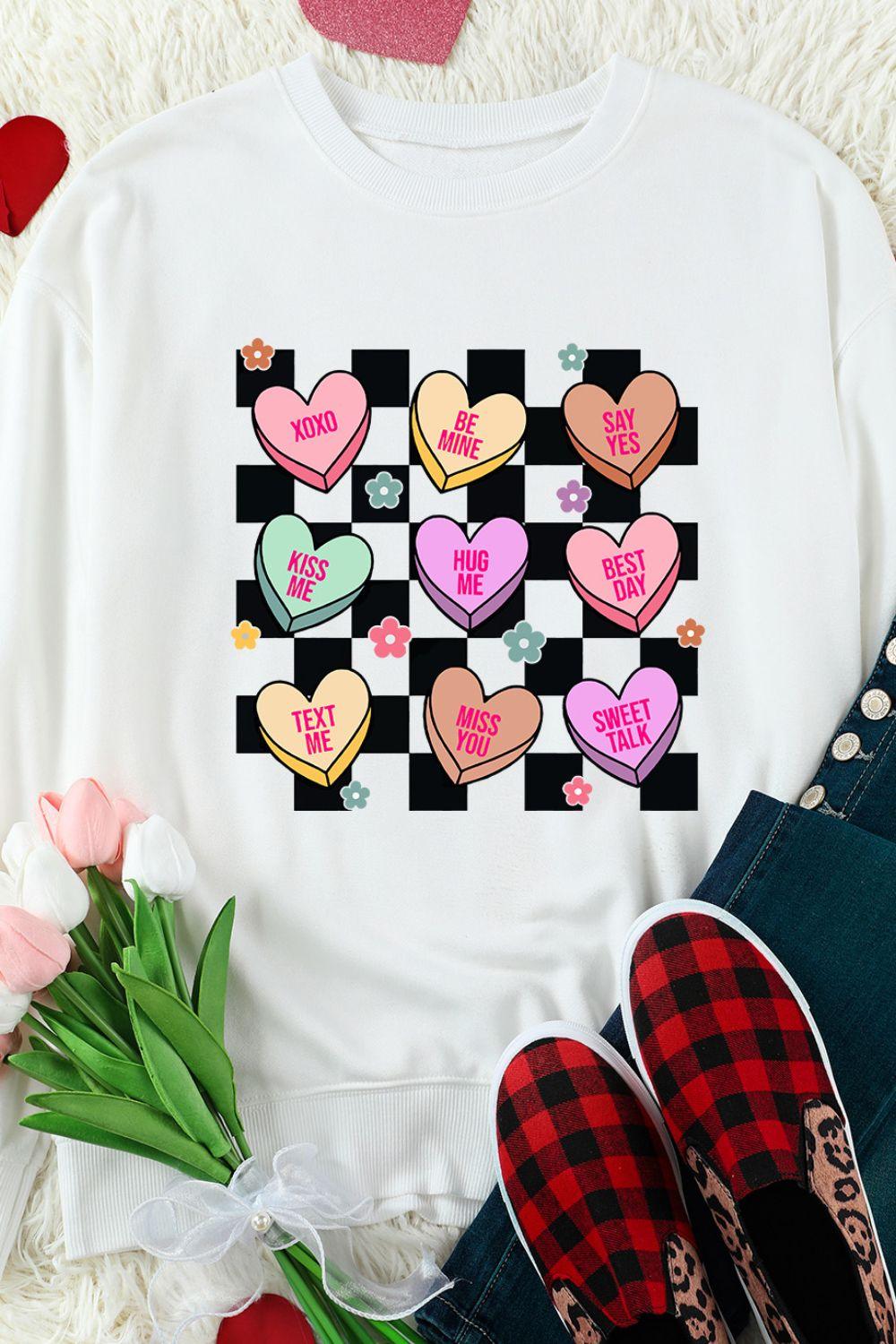Valentine's Day Checkered Heart Long Sleeve Sweatshirt - Clothes For Her Online Store
