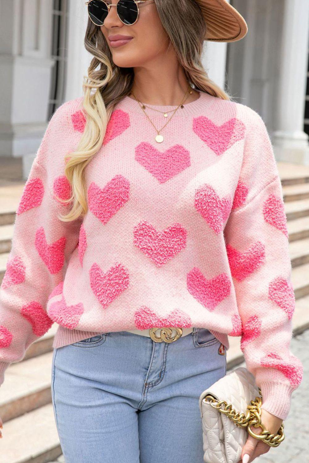 Valentine's Day Heart Jacquard Round Neck Sweater - Clothes For Her Online Store