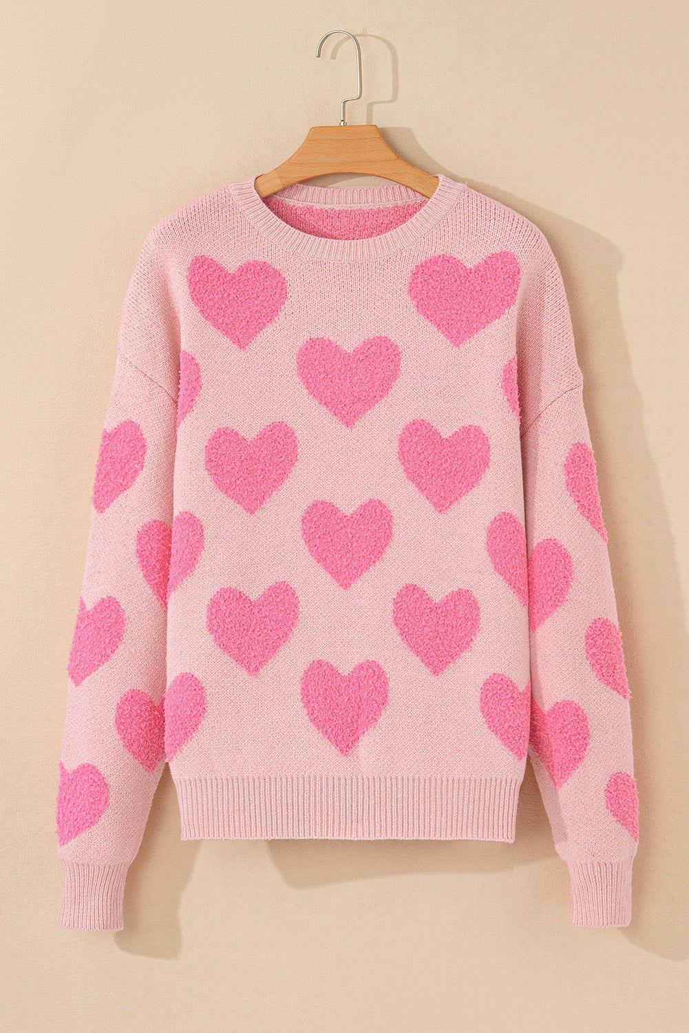 Valentine's Day Heart Jacquard Round Neck Sweater - Clothes For Her Online Store