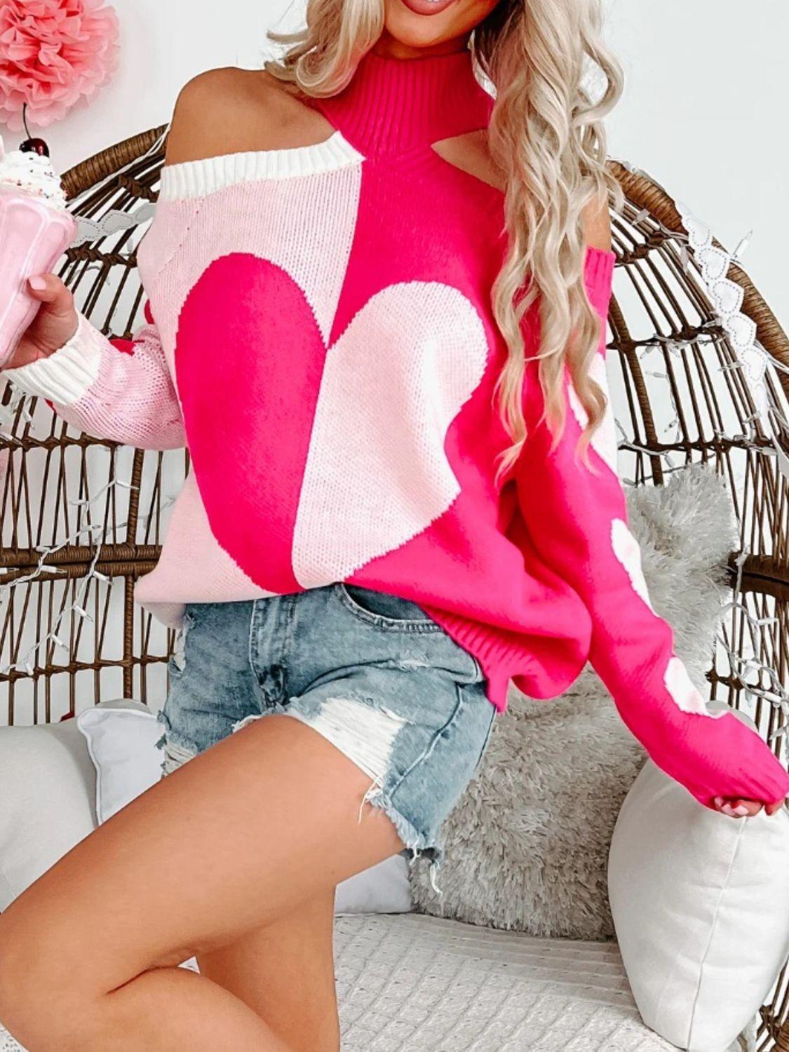 Valentine's Day Heart Turtleneck Cold Shoulder Sweater - Clothes For Her Online Store