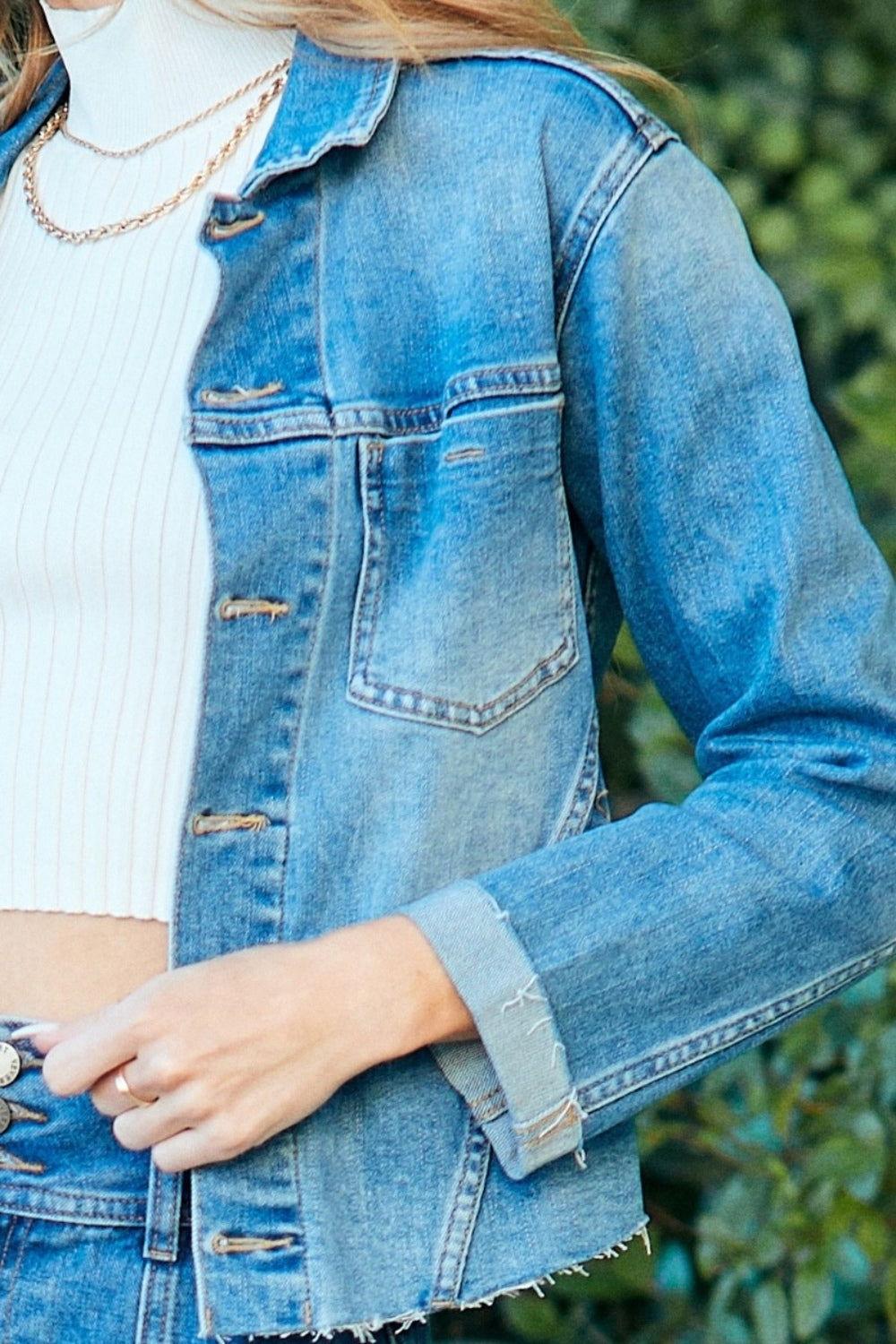 Veveret Button Up Raw Hem Denim Jacket - Clothes For Her Online Store