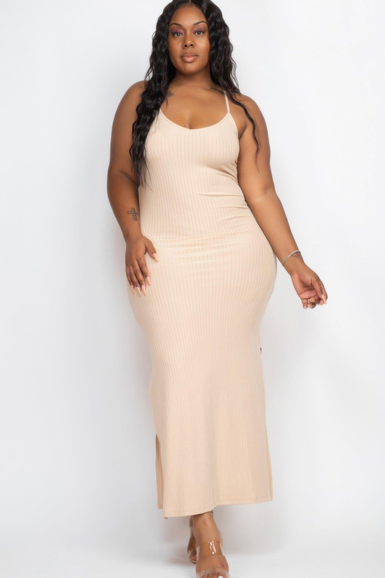 Plus Size Ribbed Side Slit Long Cami Maxi Dress - Clothes For Her Online Store
