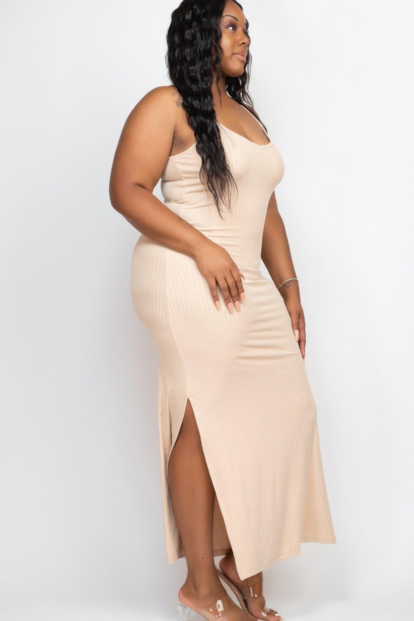 Plus Size Ribbed Side Slit Long Cami Maxi Dress - Clothes For Her Online Store