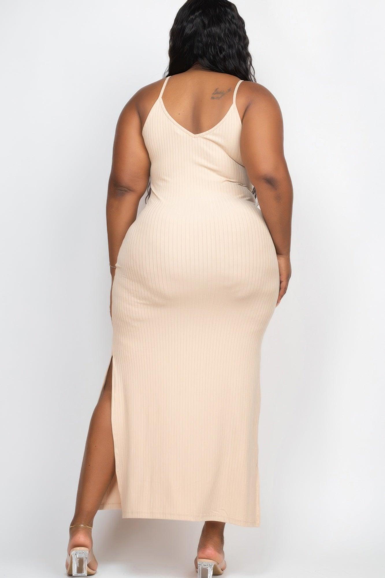 Plus Size Ribbed Side Slit Long Cami Maxi Dress - Clothes For Her Online Store