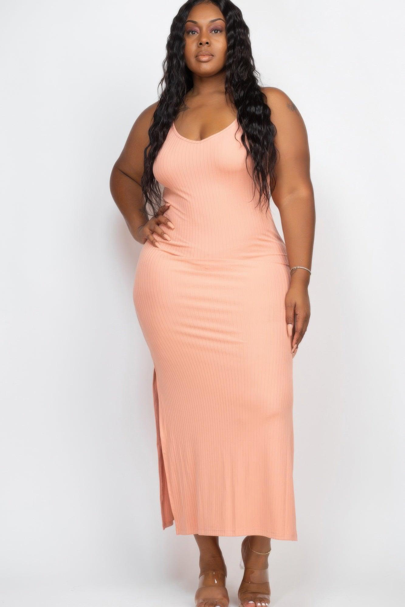 Plus Size Ribbed Side Slit Long Cami Maxi Dress - Clothes For Her Online Store