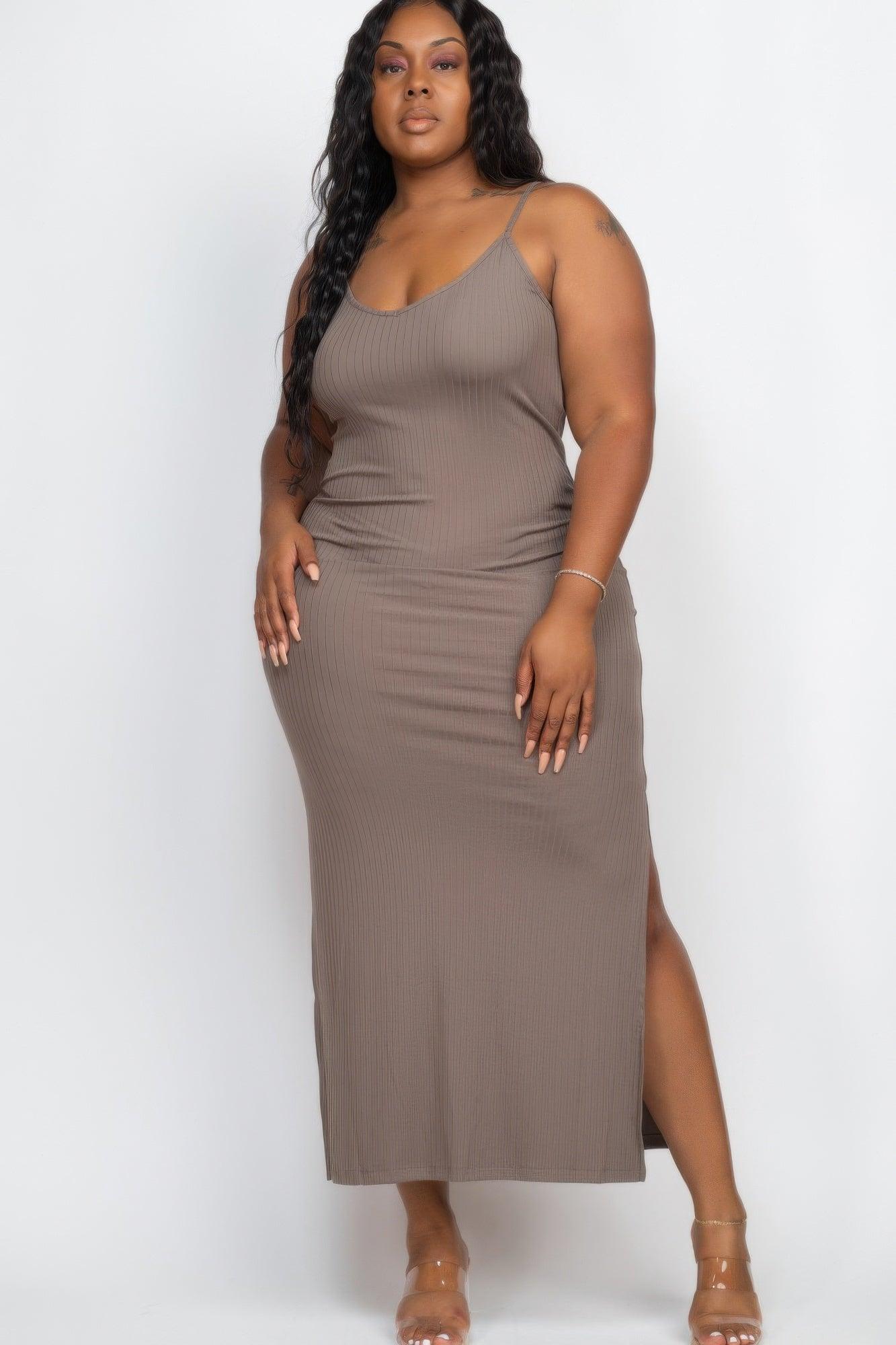 Plus Size Ribbed Side Slit Long Cami Maxi Dress - Clothes For Her Online Store