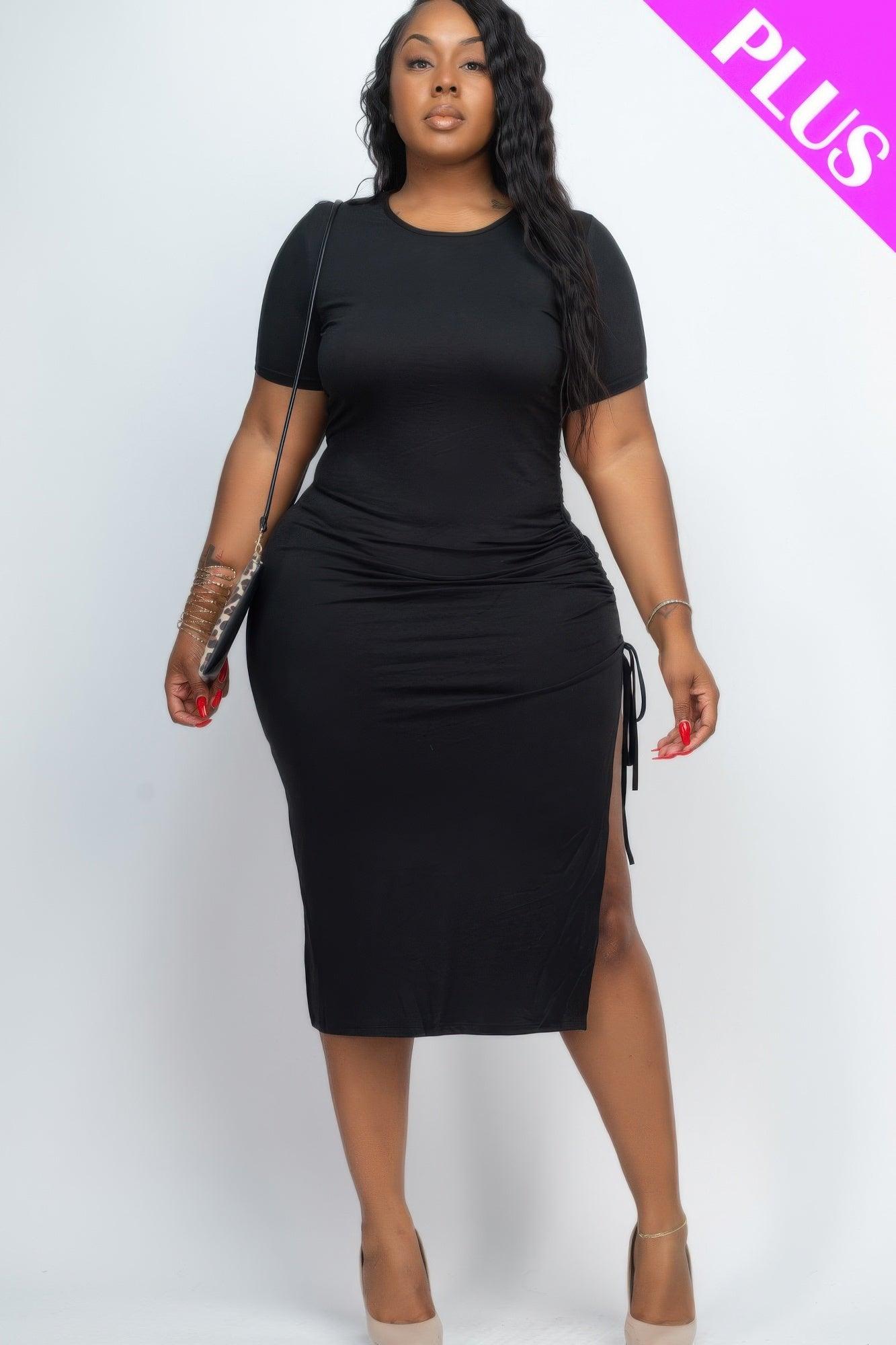 Plus Size Drawstring Ruched Side Split Hem Midi Dress - Clothes For Her Online Store