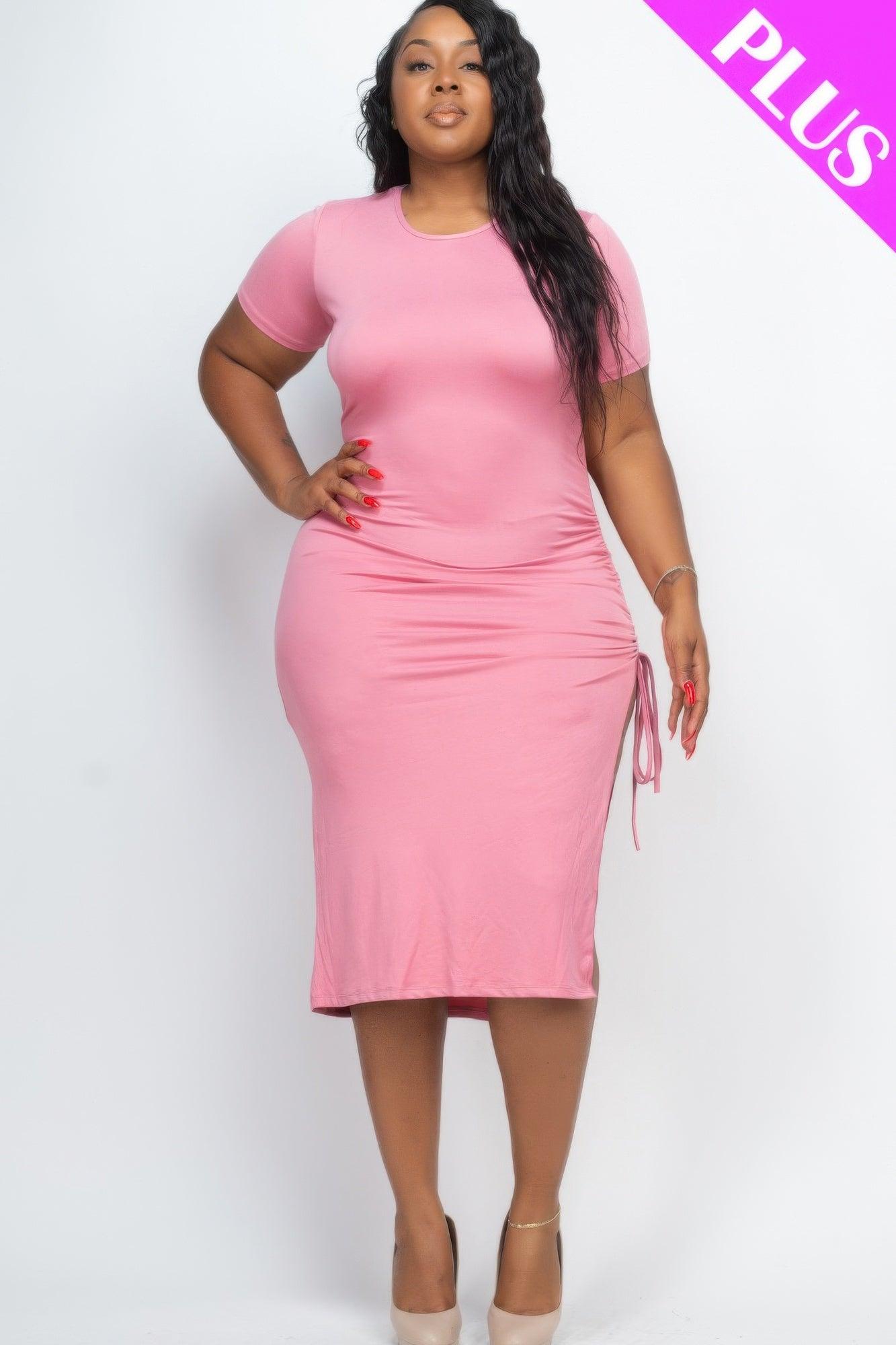 Plus Size Drawstring Ruched Side Split Hem Midi Dress - Clothes For Her Online Store