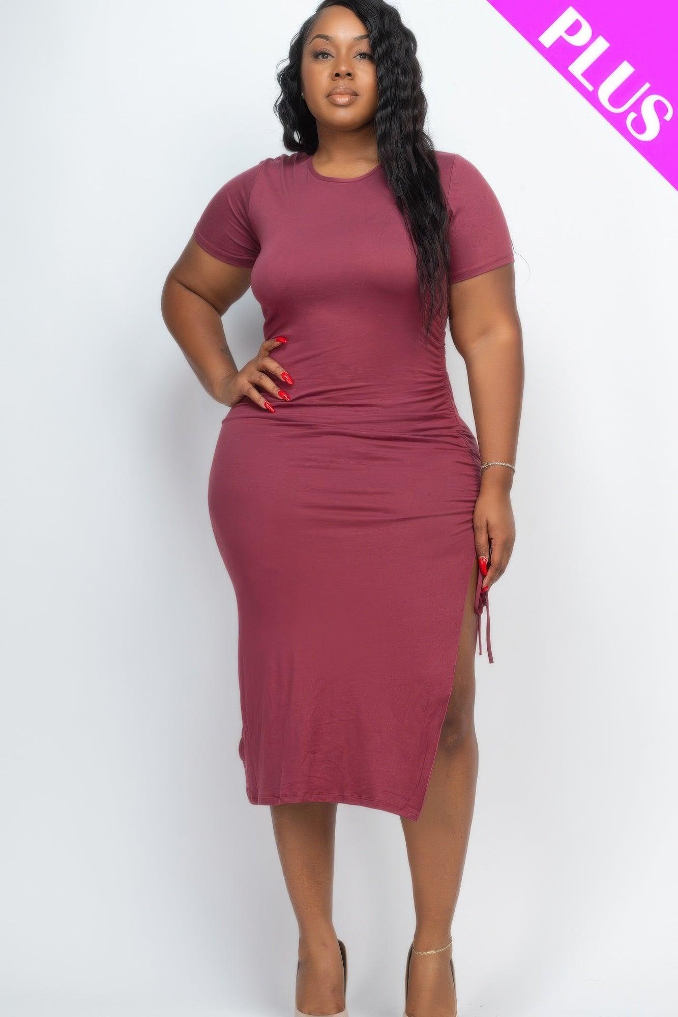 Plus Size Drawstring Ruched Side Split Hem Midi Dress - Clothes For Her Online Store