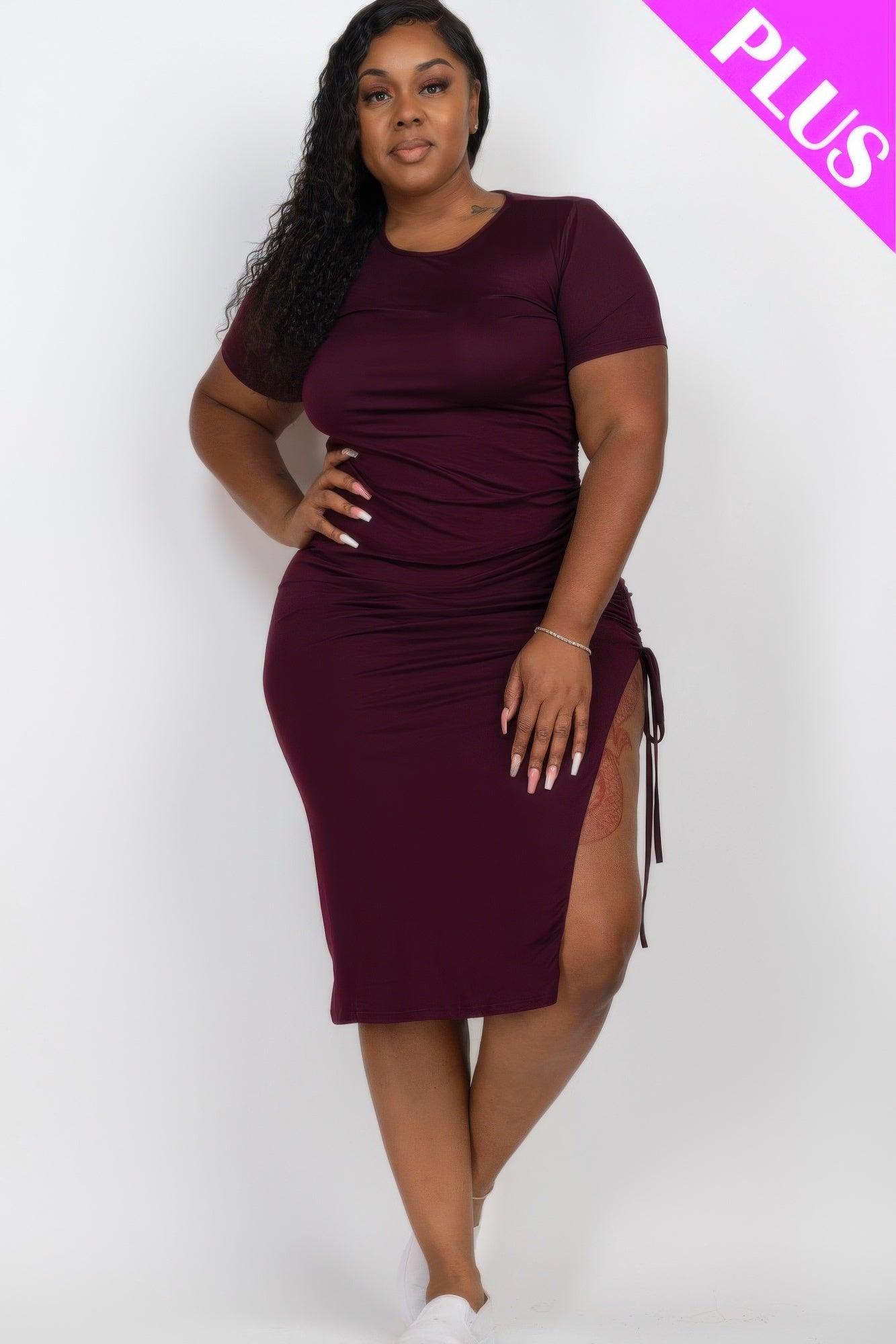 Plus Size Drawstring Ruched Side Split Hem Midi Dress - Clothes For Her Online Store