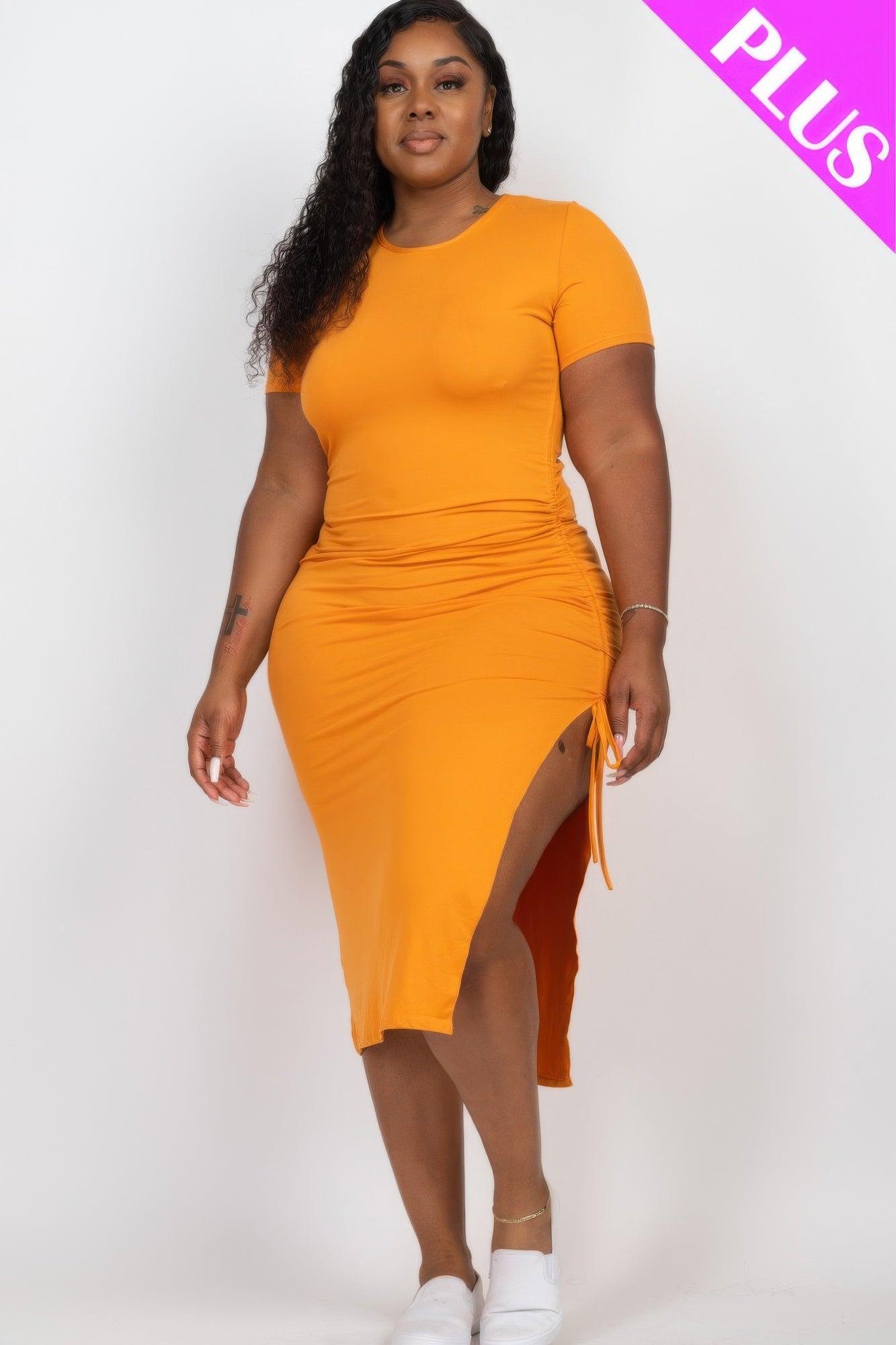 Plus Size Drawstring Ruched Side Split Hem Midi Dress - Clothes For Her Online Store