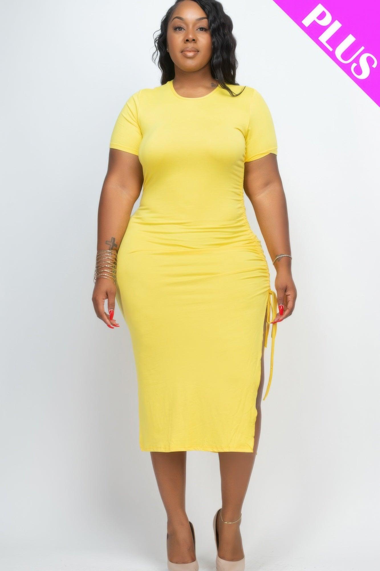 Plus Size Drawstring Ruched Side Split Hem Midi Dress - Clothes For Her Online Store