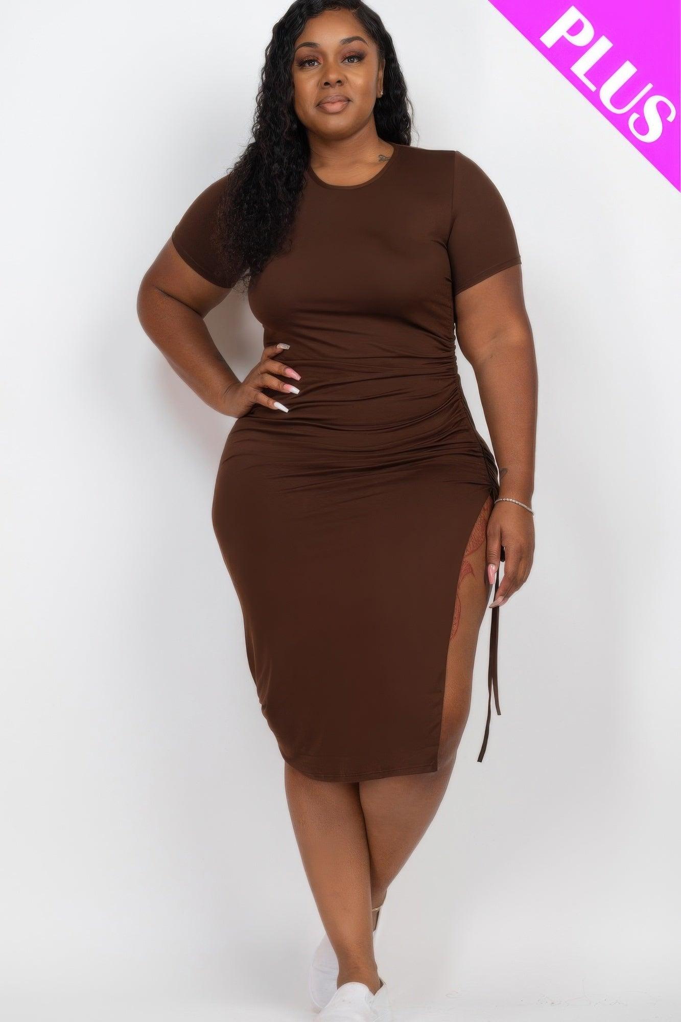 Plus Size Drawstring Ruched Side Split Hem Midi Dress - Clothes For Her Online Store