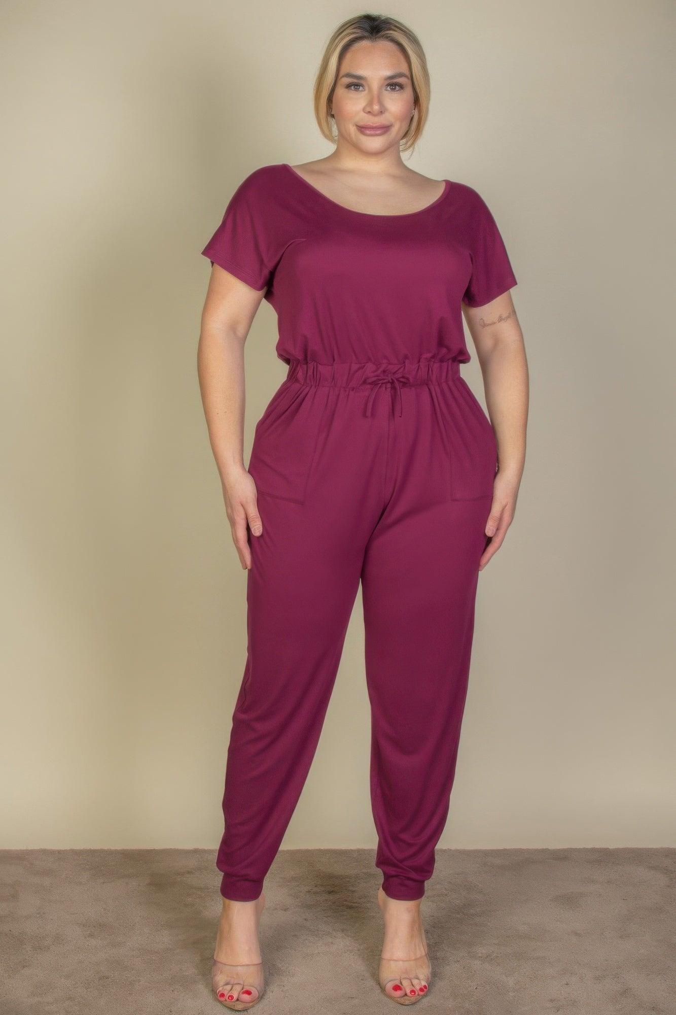 Plus Size Solid Drawstring Short Sleeve Jumpsuit - Clothes For Her Online Store