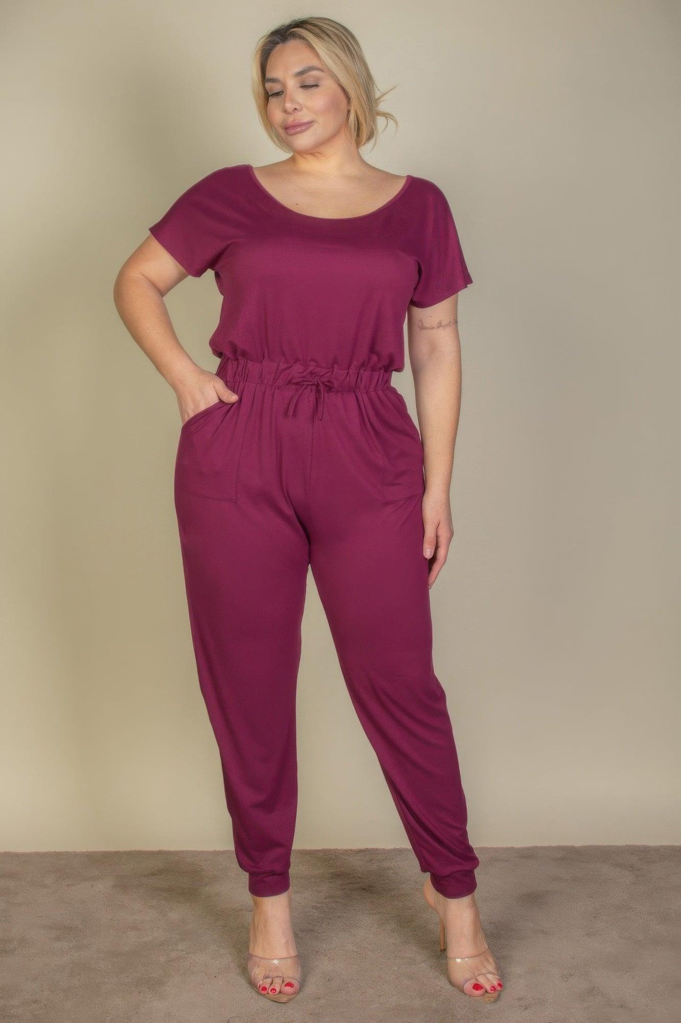 Plus Size Solid Drawstring Short Sleeve Jumpsuit - Clothes For Her Online Store