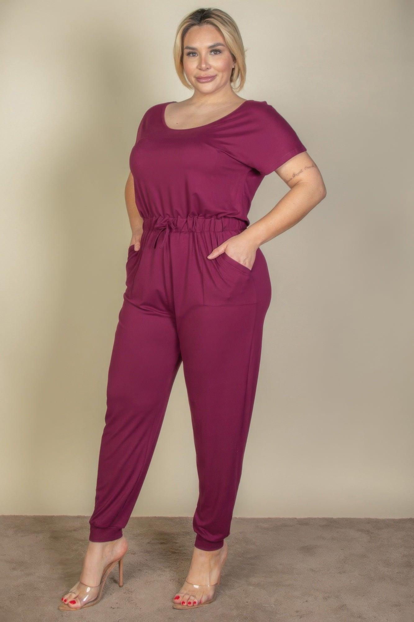 Plus Size Solid Drawstring Short Sleeve Jumpsuit - Clothes For Her Online Store
