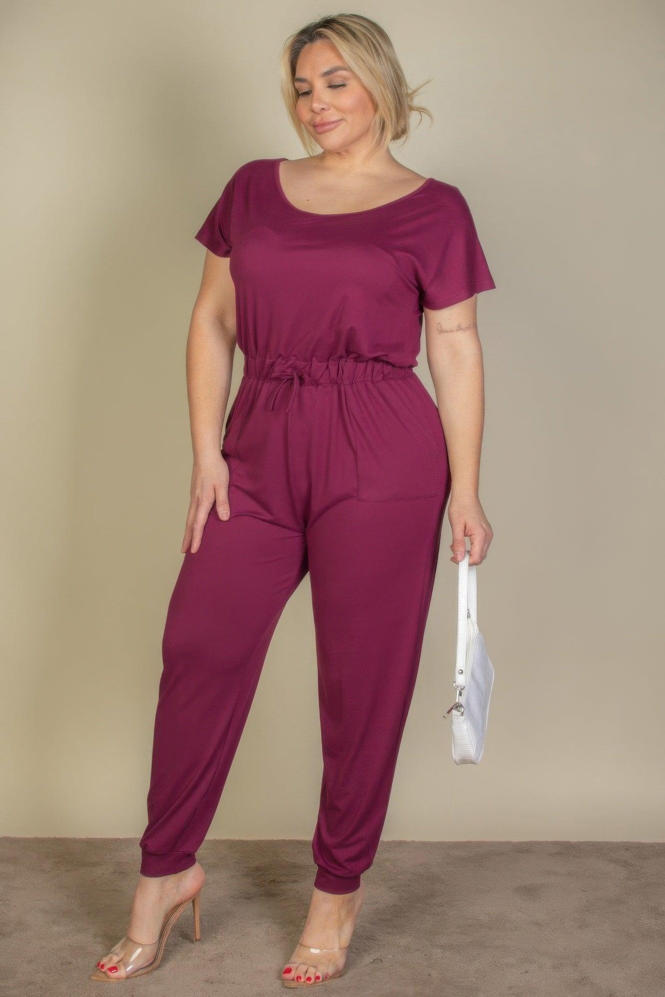 Plus Size Solid Drawstring Short Sleeve Jumpsuit - Clothes For Her Online Store