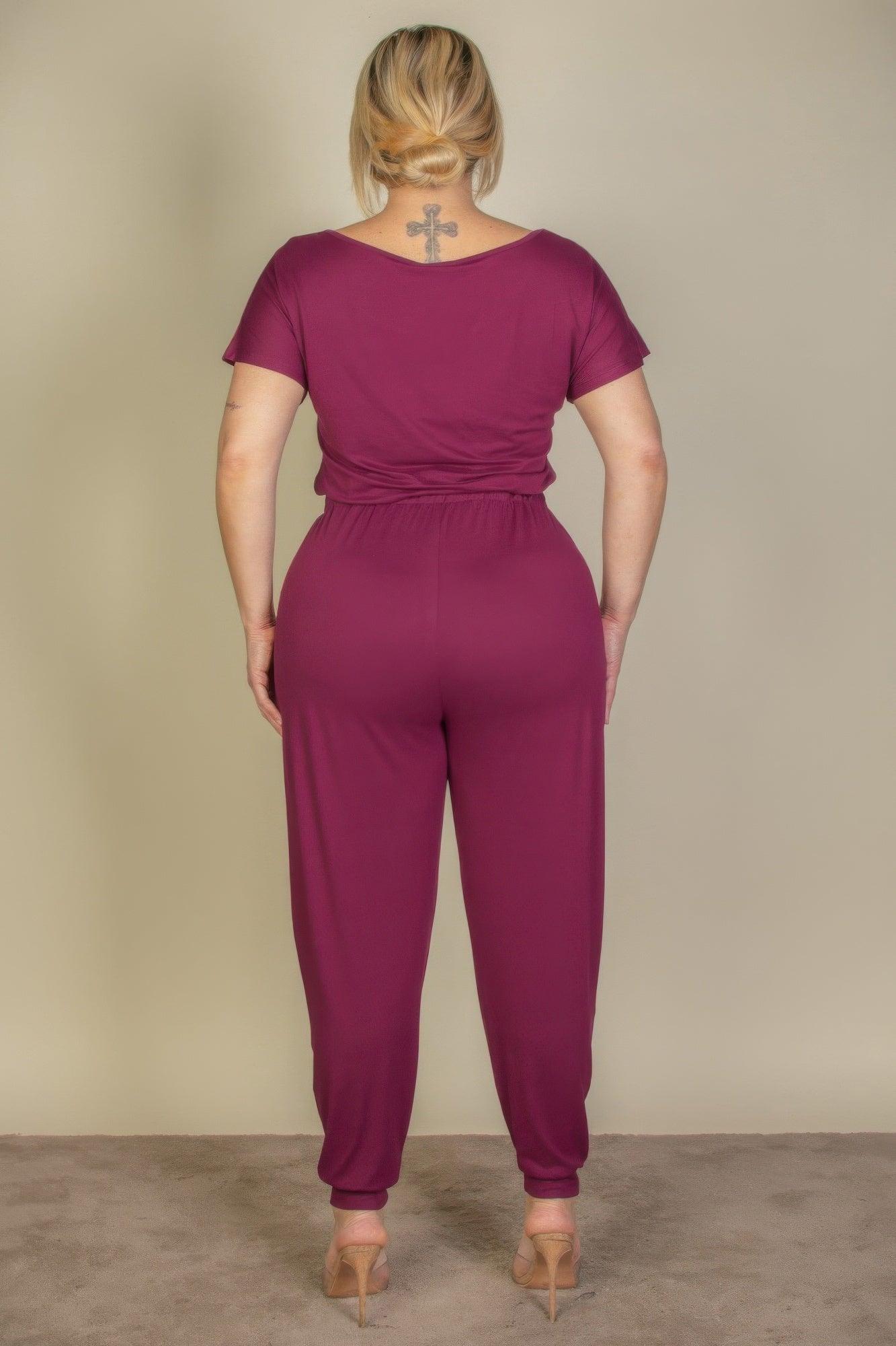 Plus Size Solid Drawstring Short Sleeve Jumpsuit - Clothes For Her Online Store