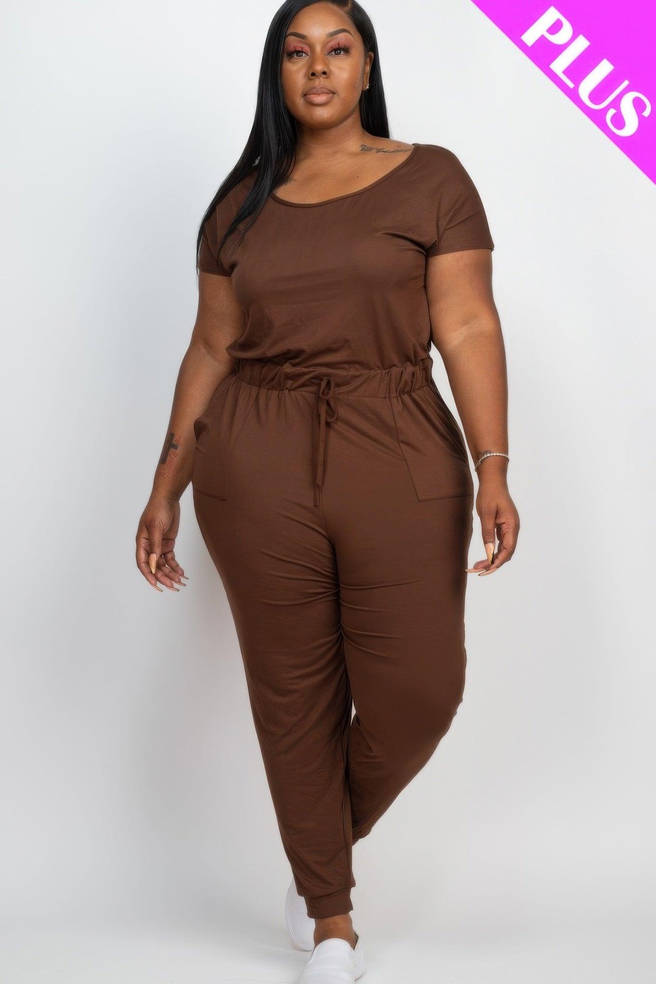Plus Size Solid Drawstring Short Sleeve Jumpsuit - Clothes For Her Online Store
