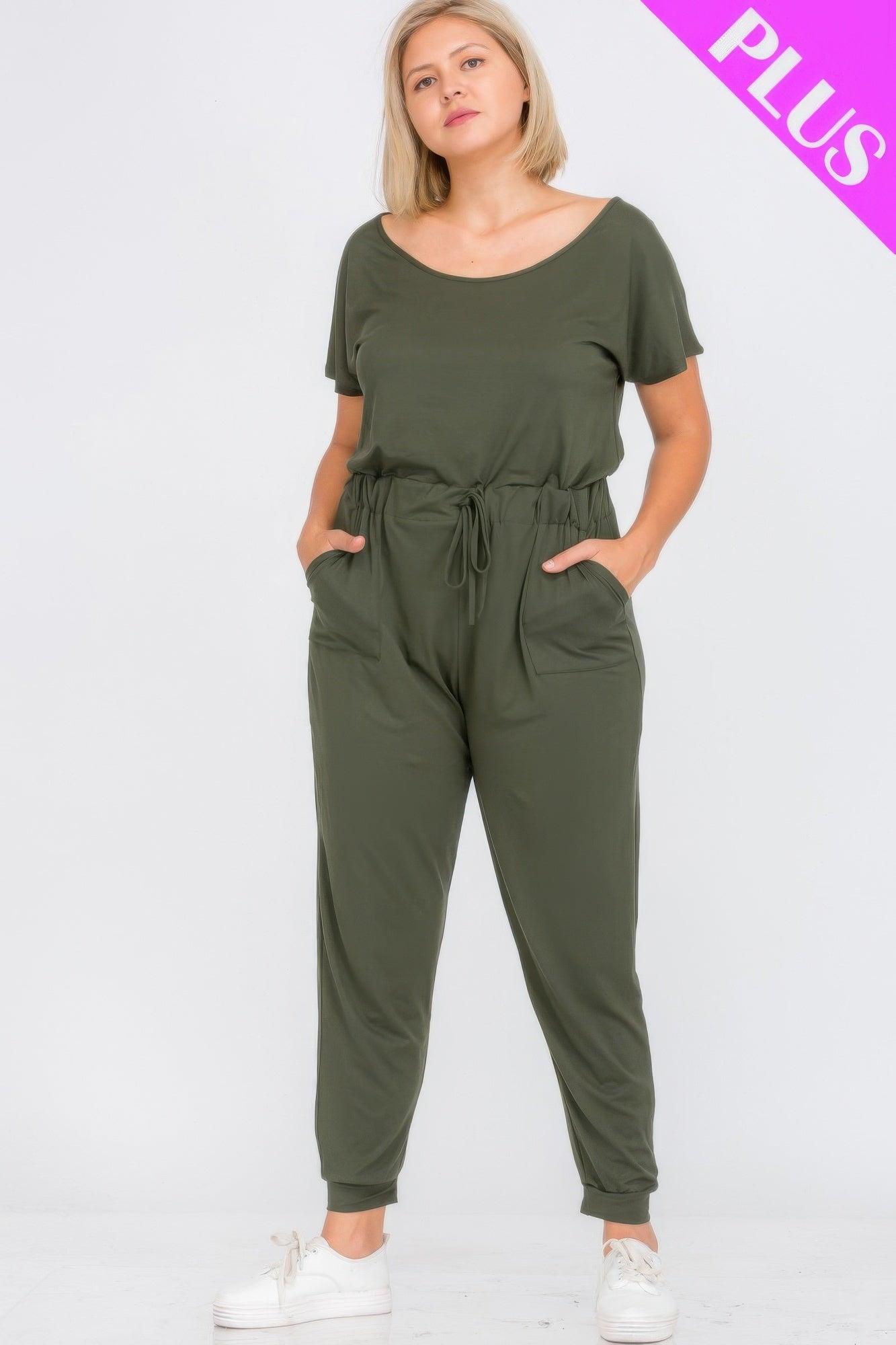 Plus Size Solid Drawstring Short Sleeve Jumpsuit - Clothes For Her Online Store